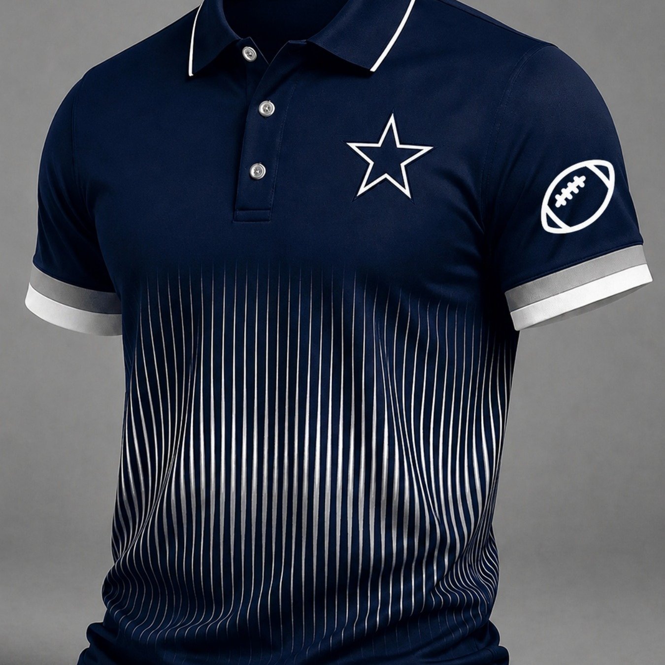 TEMU Men's Navy Football Shirt With Gradient - Short Sleeve Collared Athletic Performance Top, Breathable Machine-washable Suitable For Game Day,