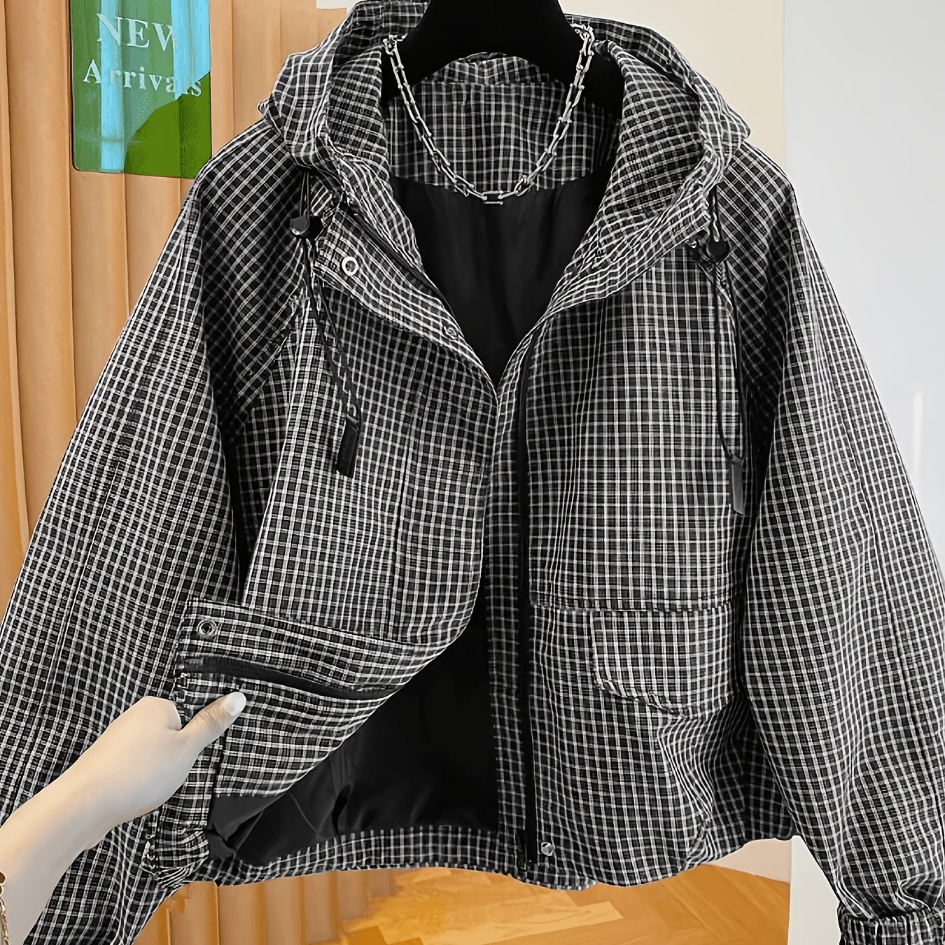 TEMU European And American Women's Fashion Simple Casual Commuter Black And White Small Check Hooded Cropped Jacket Outerwear