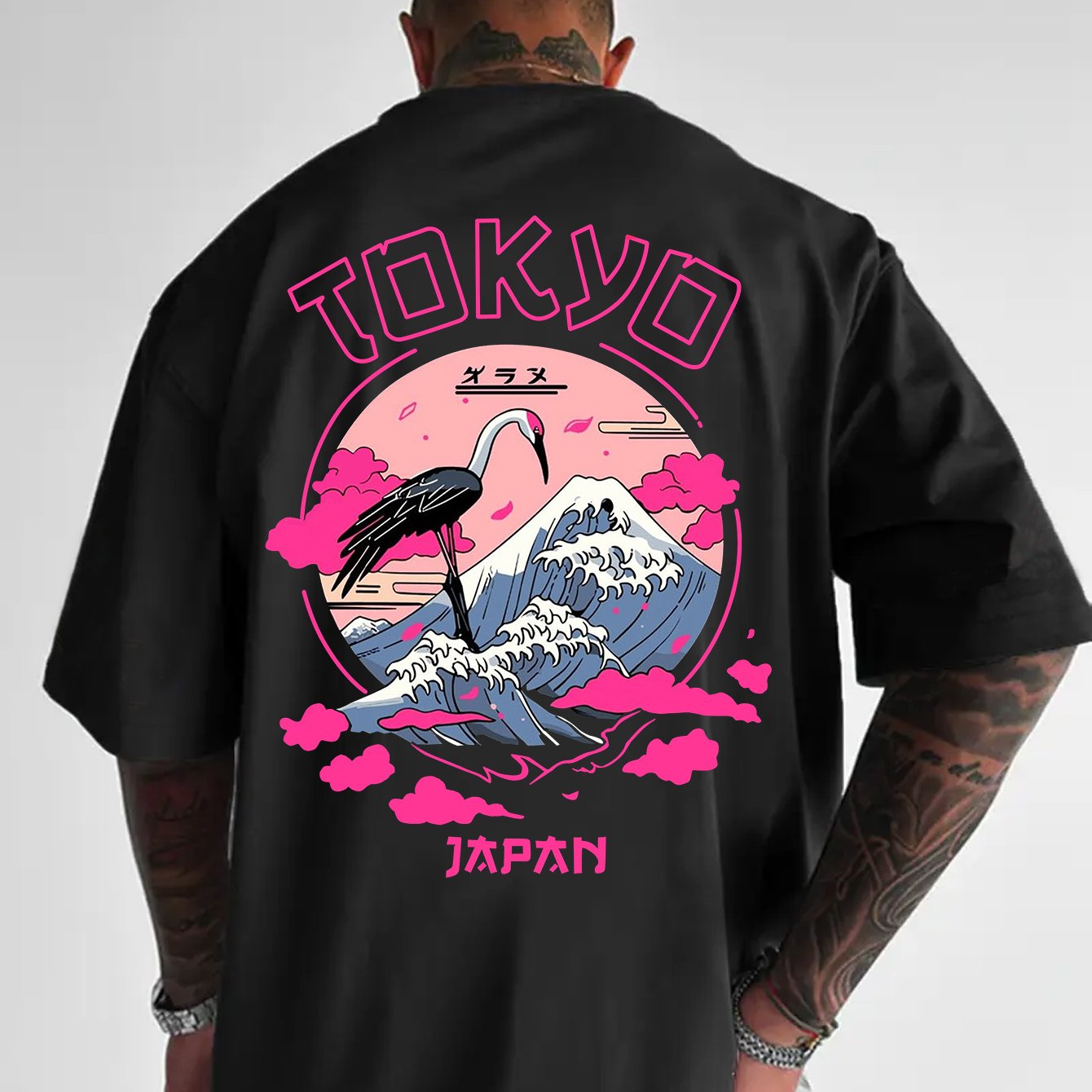 Plus Size Tokyo-themed T-shirt Featuring Crane And Wave Designs| Soft Fabric, Comfortable, Crew Neck, Loose Fit, Ideal For Casual Wear And Travel, Plus Size