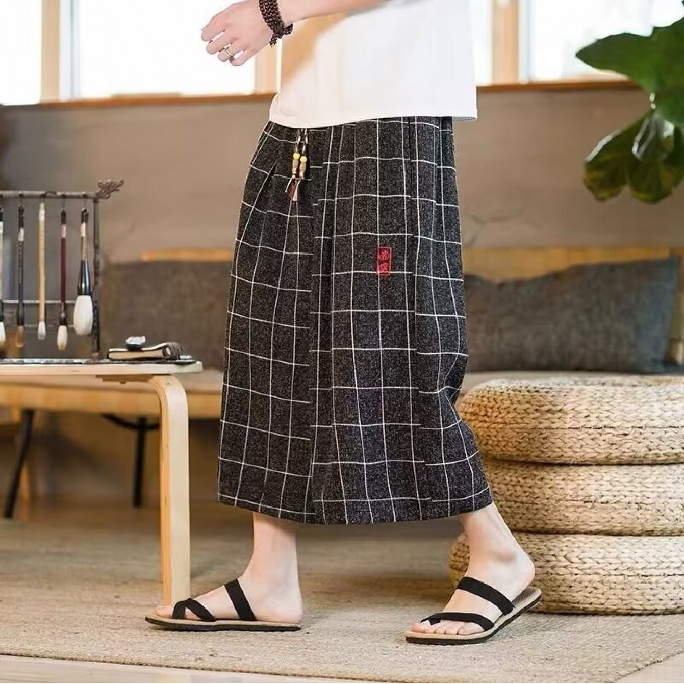 TEMU 【メンズ】チェック柄 ド カジュアル トラウザーズ 薄手 通気性 ゆったり 夏の普段使い、通勤、レジャー、外出に最適