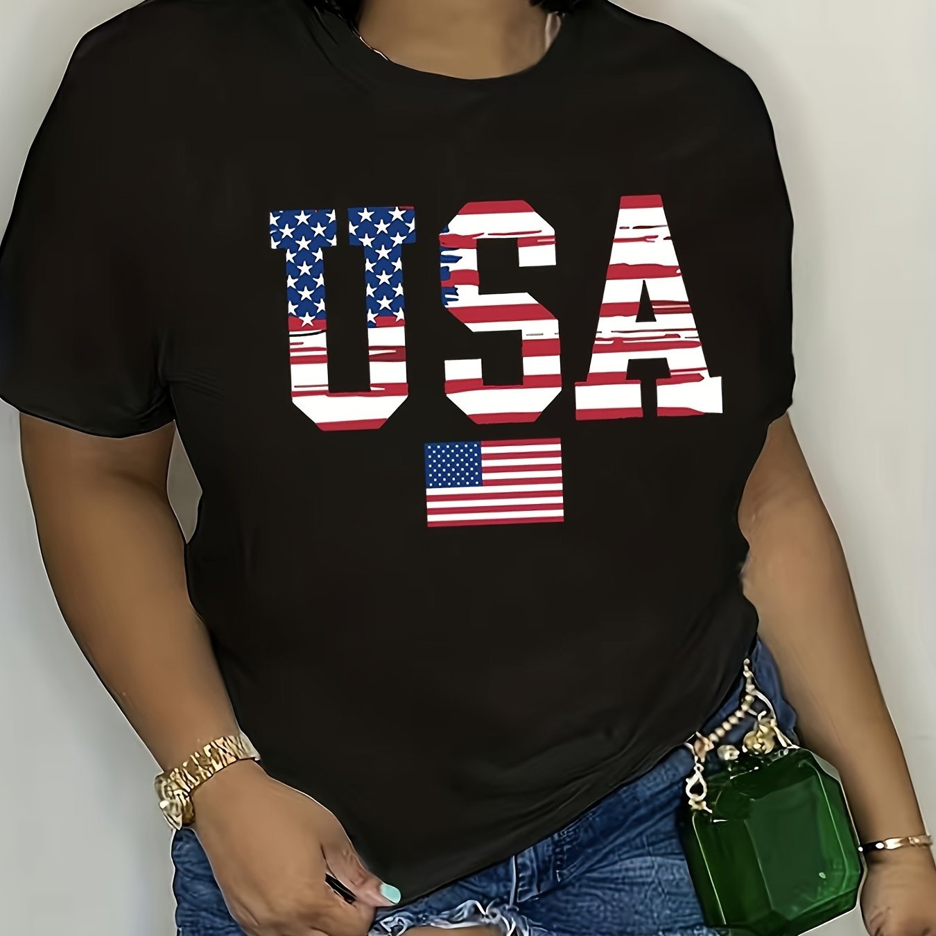 TEMU Short-sleeved Round Neck T-shirt With A Usa , Suitable For Machine Washing