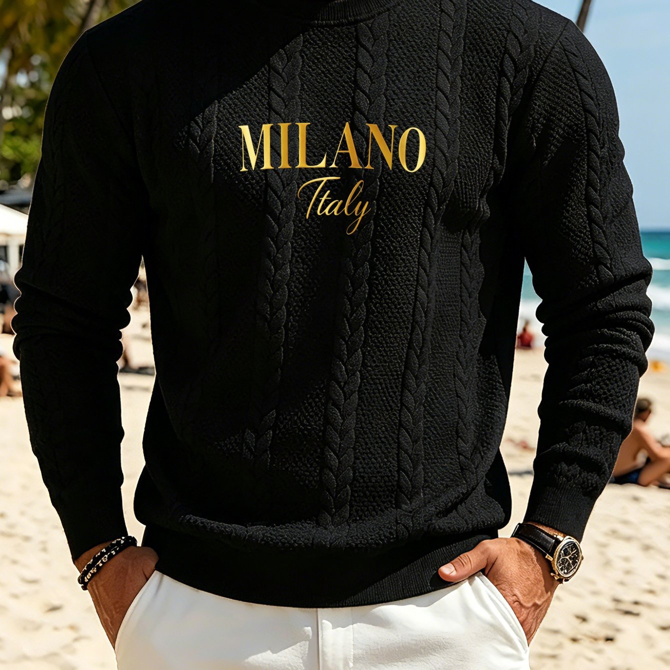 TEMU Italy Text Print, Novelty Sweatshirt, Cable Knit Texture Trendy, Comfortable Breathable