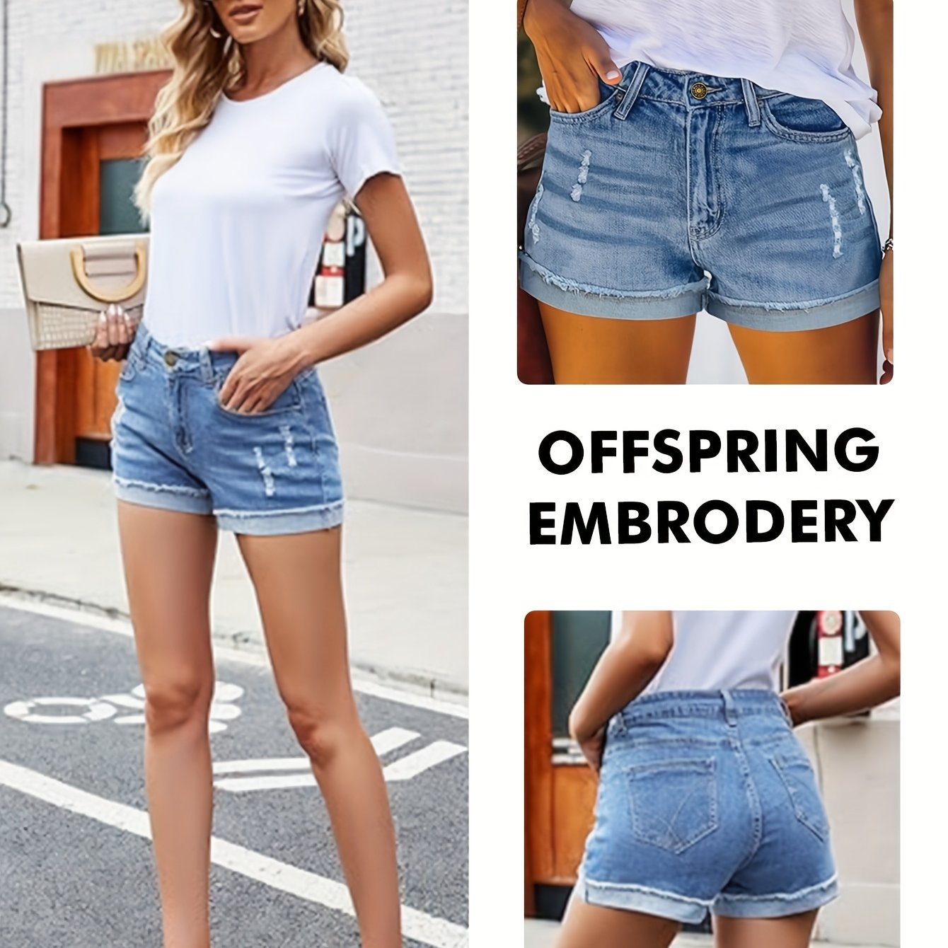 Women's Casual Rolled Hem Embroidered Distressed Denim Shorts