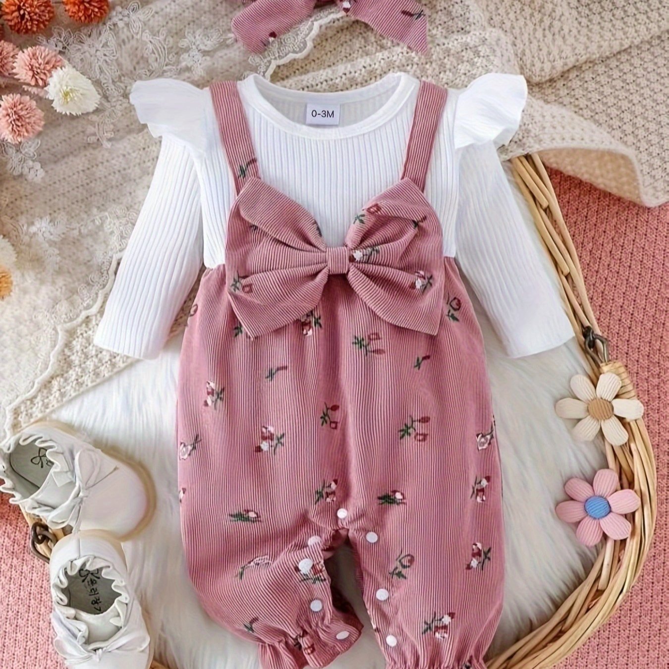 Image of Baby Girl Cute Flower Bow Tie Flutter Sleeve Fake Two-piece Long-sleeved Jumpsuit + Hair Additions Two-piece Set P101772, For Outdoor, Newborn/toddler Necessities