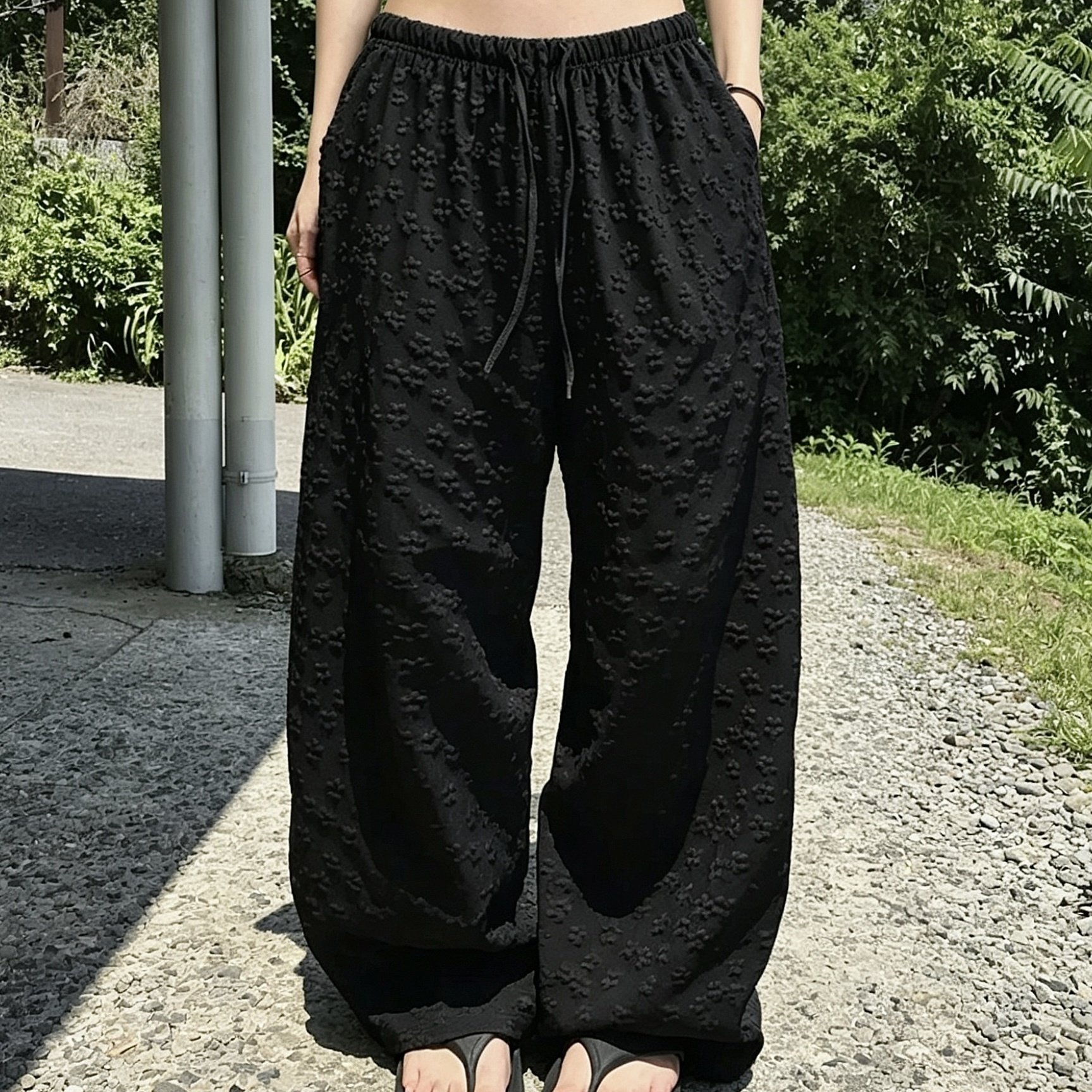 TEMU 2026 New Korean Style 3d Jacquard Wide Leg Pants Women's Elastic Drawstring High Waist Drapey Floor Length Trousers Loose Coverage Lightweight
