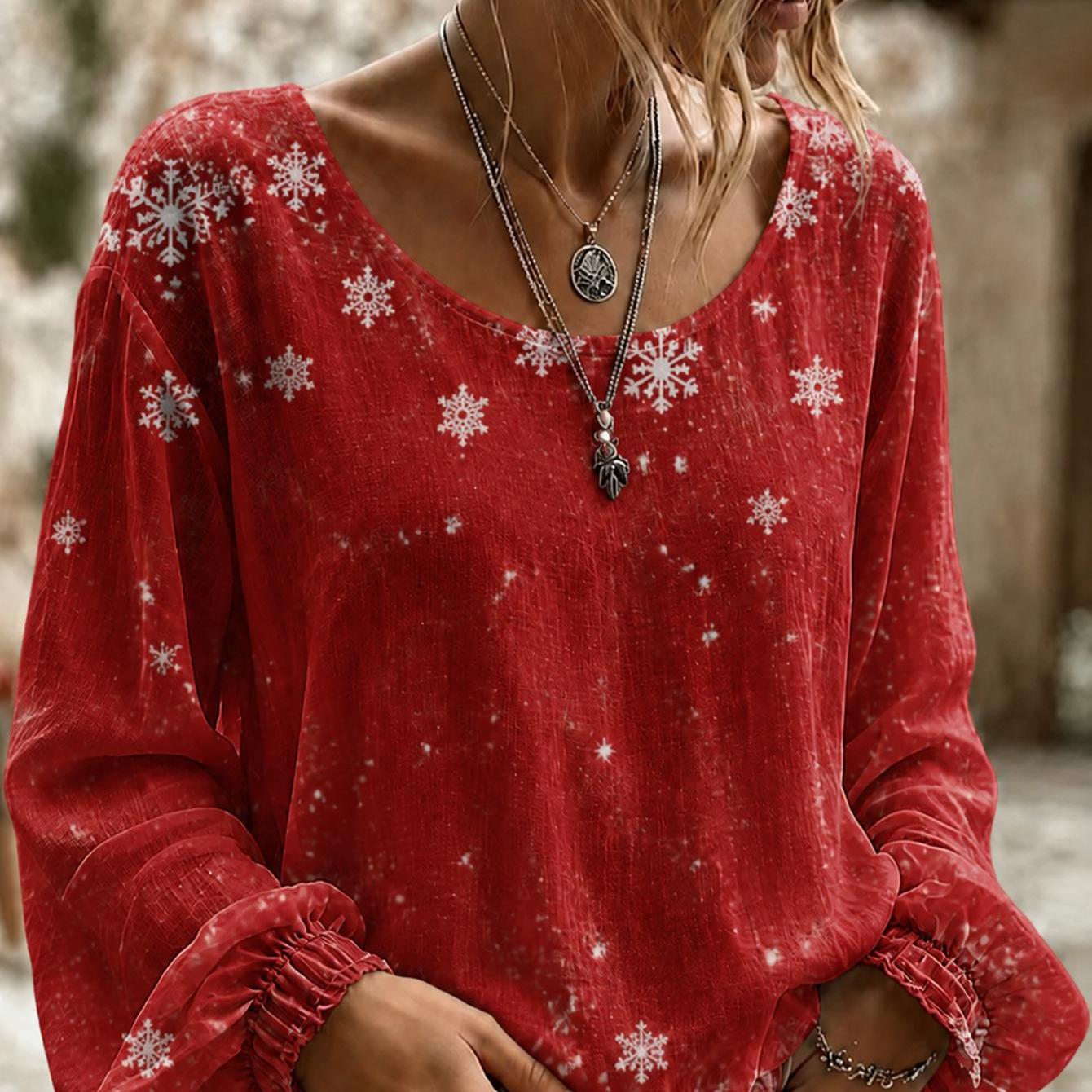 Plus Size, Plus Size Women's Long Sleeve Shirt Ombre Snowflake Print Long Sleeve Boho Blouse For Women Casual Top Fashion Shirt For A Birthday.loose Casual Loungewear For Daily & Vacation