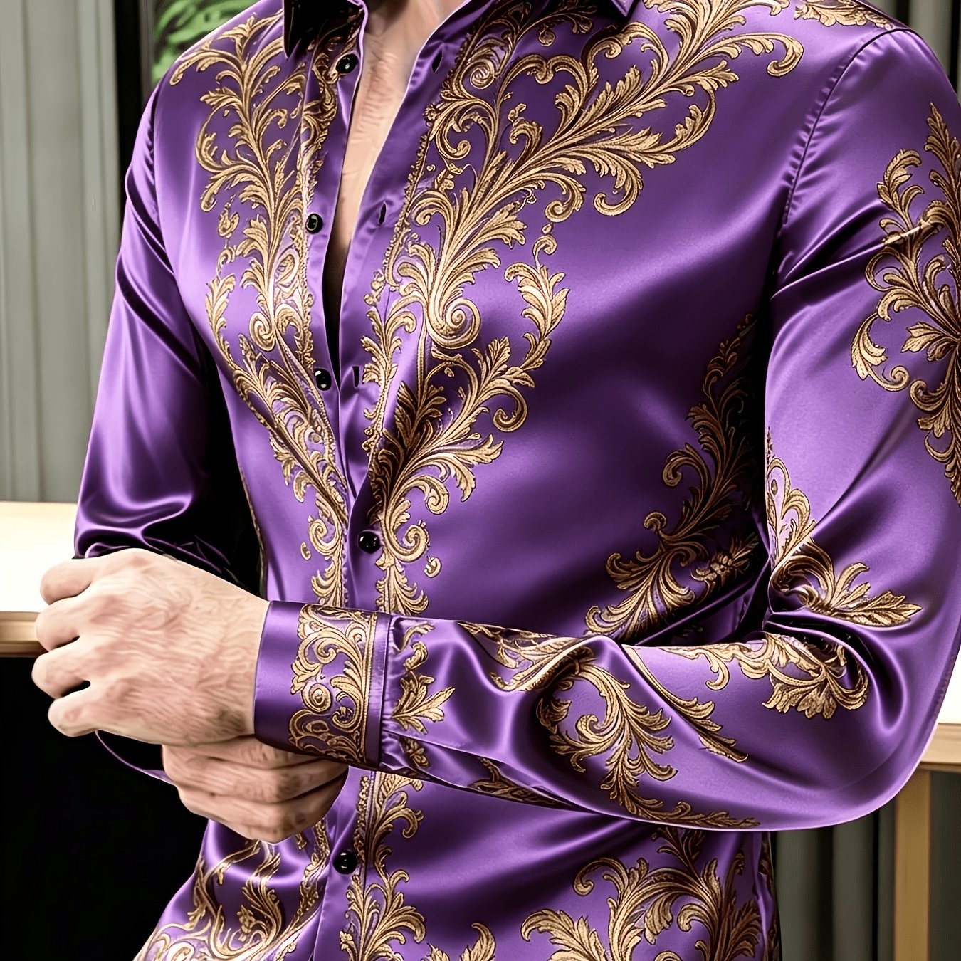 Image of Men's Silver Gray Vintage Scroll Print Long Sleeve Dress Shirt, Button Tops Business Work Party Casual Daily Wear
