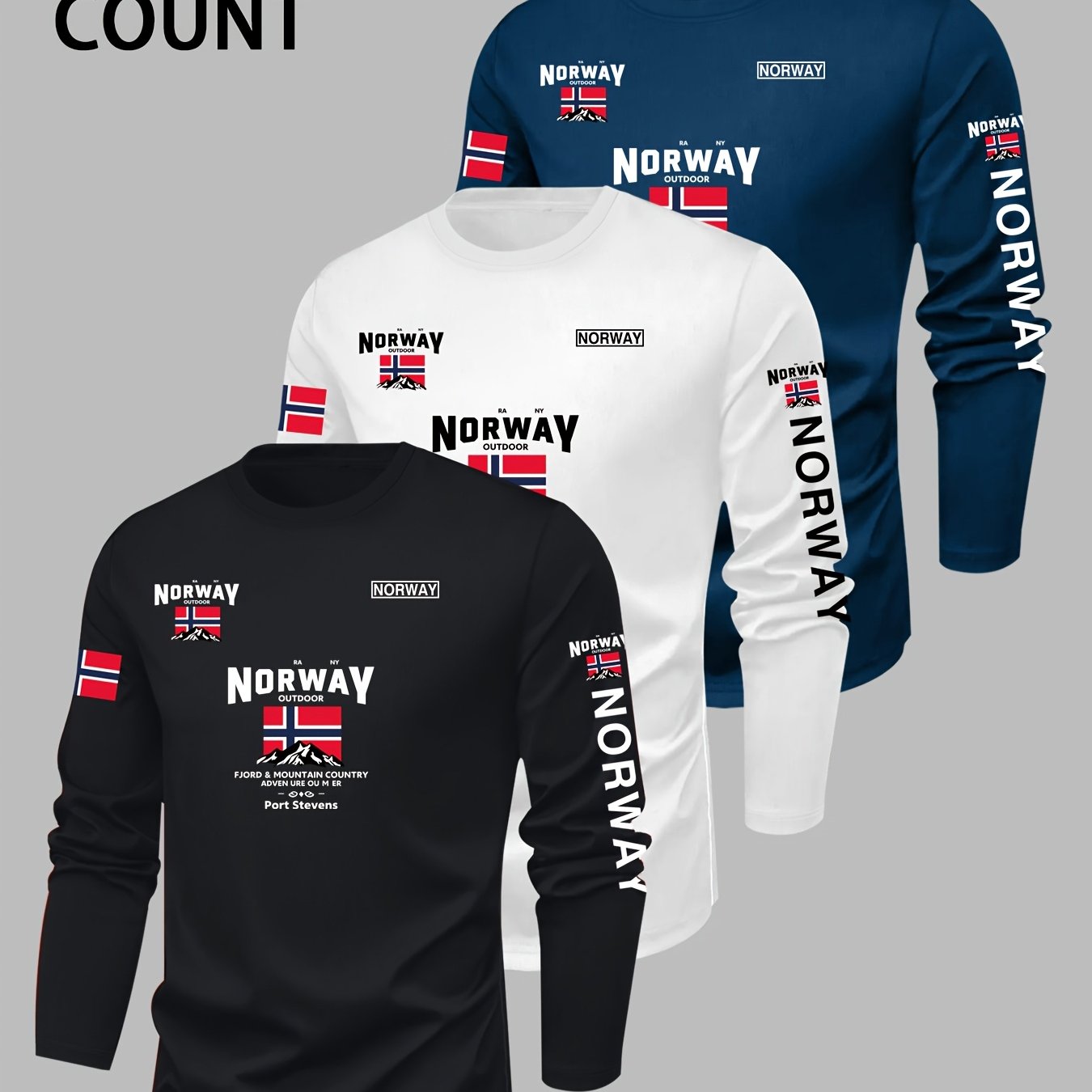 TEMU Men's 3pcs Printed Long Sleeve T-shirts, Regular Fit Spring/autumn Long Sleeve Tops For Outdoor Sports And Casual Wear