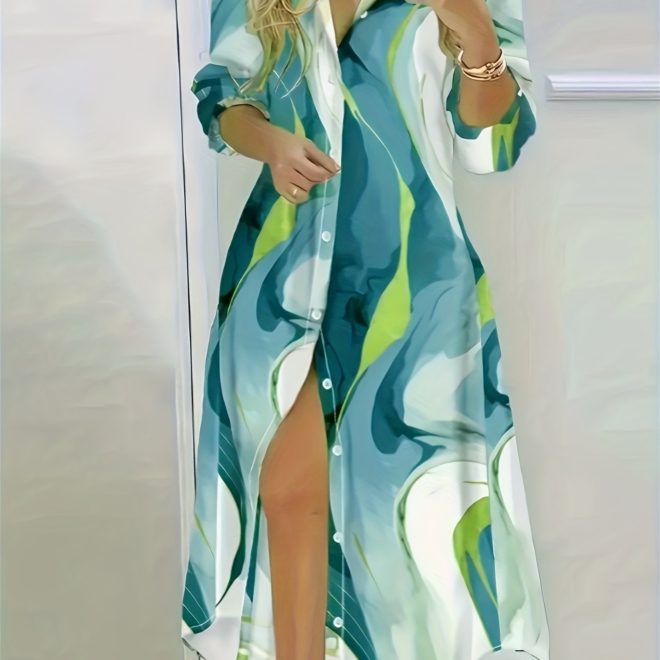 TEMU Women's Elegant Abstract Dress - Bridesmaid Gown - Long Formal Casual Dress, Button-front Design, Machine Washable Party Casual Wear, Teal/white