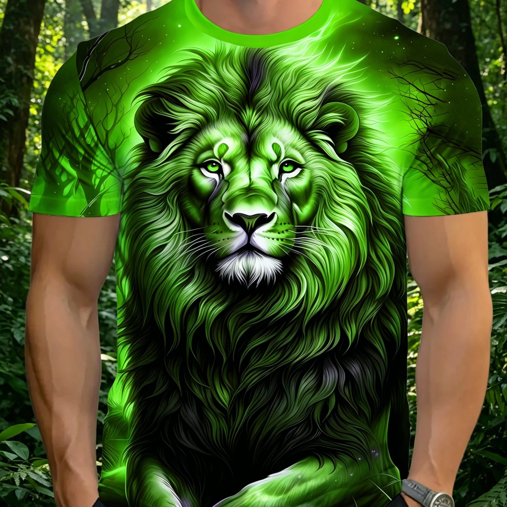 TEMU Men' Size T-shirt, Men's Neck T-shirt, - Men's Graphic T-shirt - Lion Face Print In Neon Green, Lightweight And Breathable Fabric Suitable For