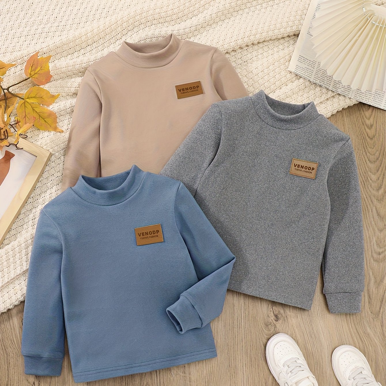 Image of Boys' Autumn Winter German Velvet Warm Base Layer 3pcs Set Winter Outdoor Turtleneck T-shirt Casual Knit Sweater, Back To School, Christmas, Halloween