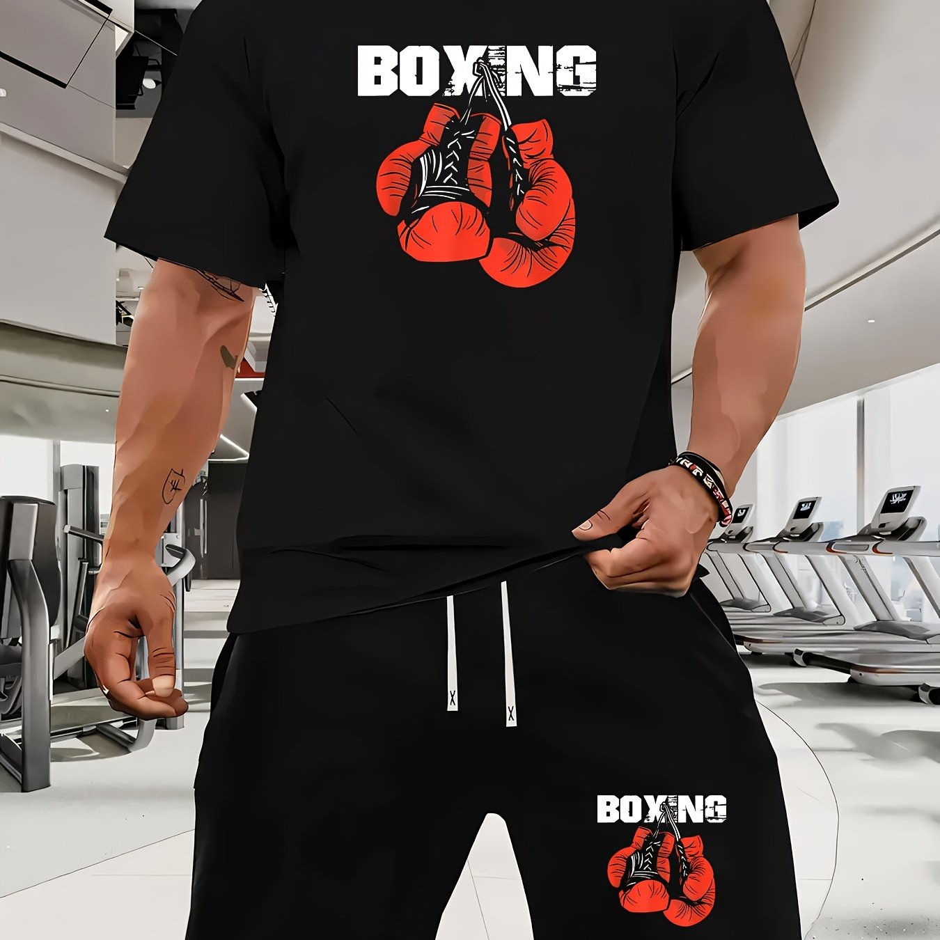 TEMU Boxing-themed Printed Men's Short-sleeve T-shirt And Drawstring Shorts 2pcs Casual Sportswear Set, Suitable For Spring/summer Pairing
