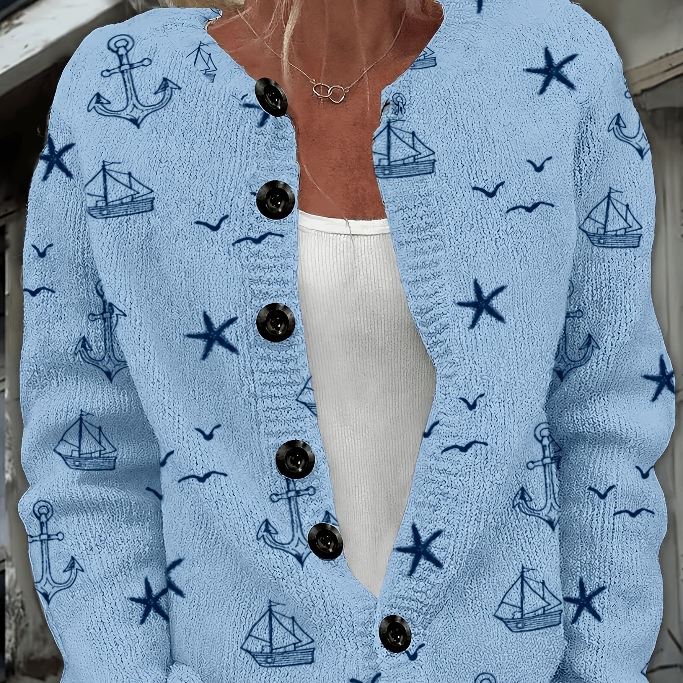 Image of Autumn/winter Women's Nautical Print Cardigan- Full-body Anchor, Sailboat, Starfish, And Seagull Prints, Button-front, Versatile Layering Piece For The (suitable For Casual And Formal Occasions)