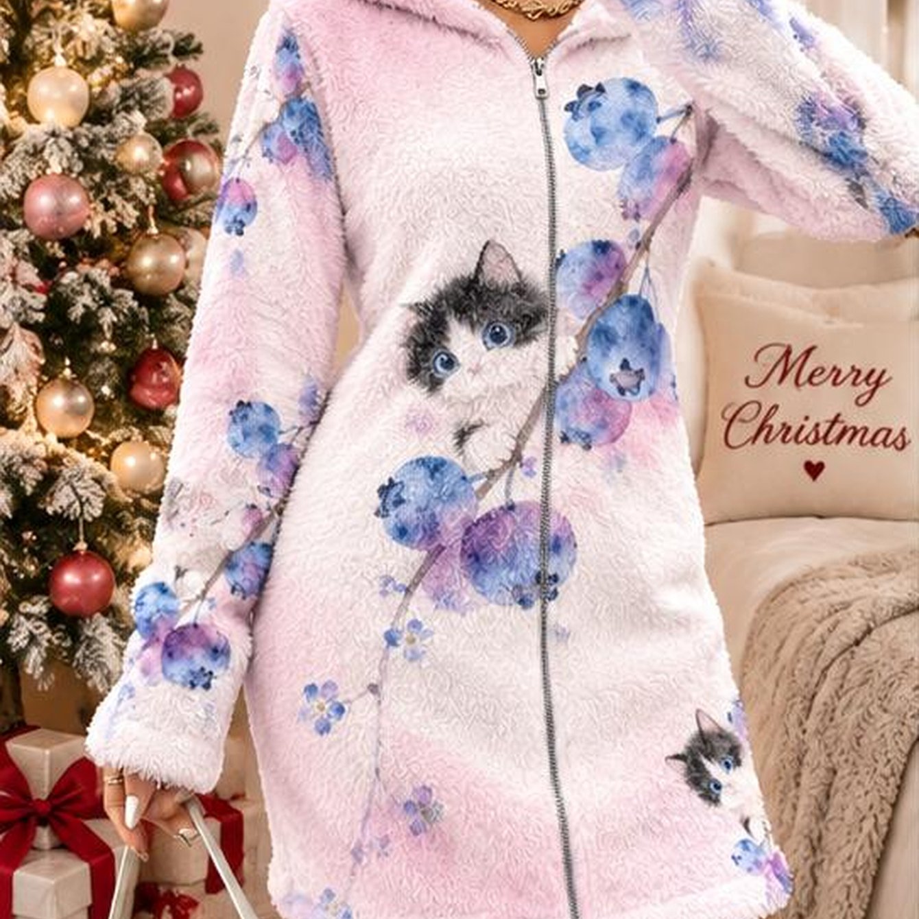 Image of Plus Size Women's Elegant Hooded Plush Lazy Zipper Nightgown/robe, Fluffy Pink Hooded Nightdress With Cat And Blueberry Print, Stylish And Cute, Warm For Autumn/winter