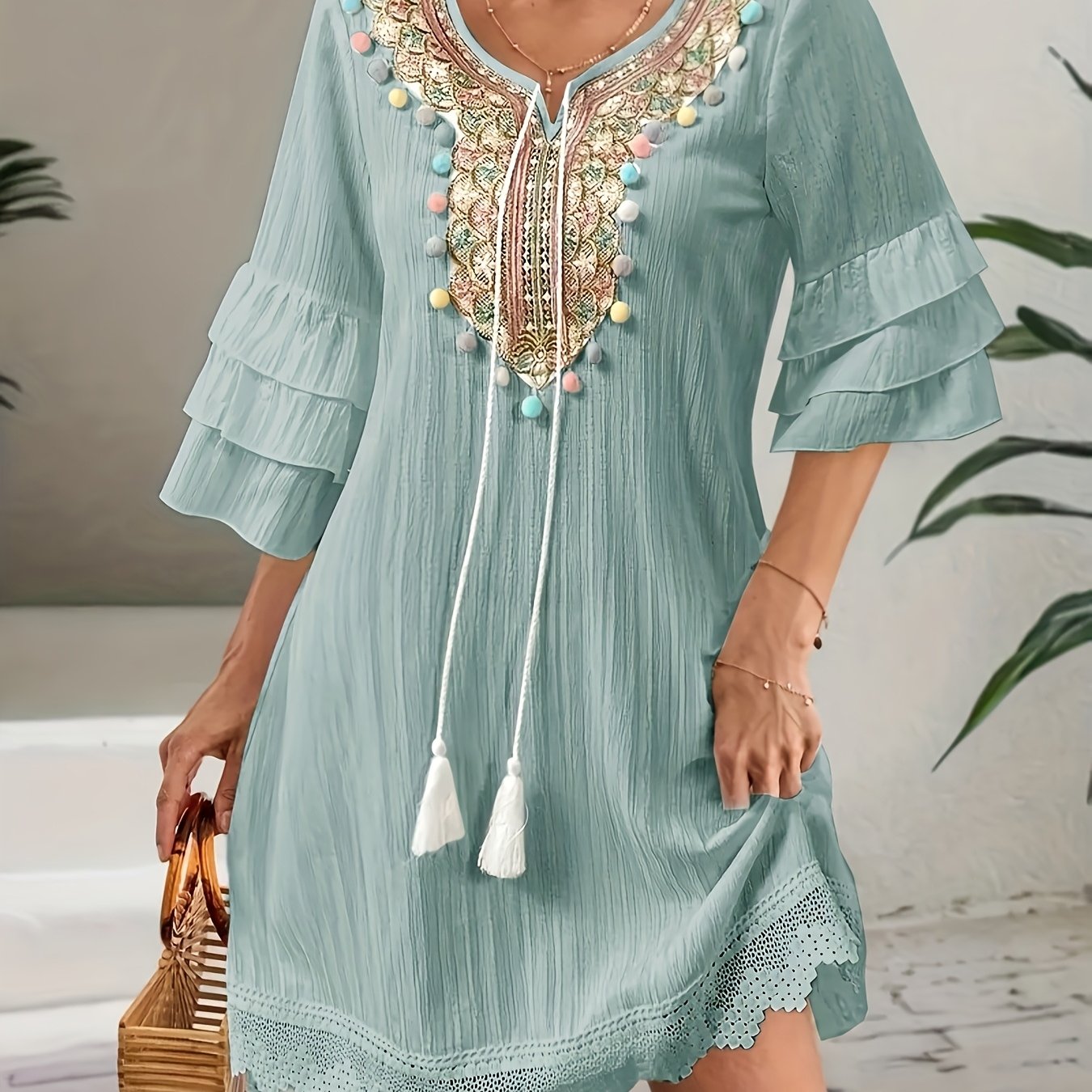 TEMU Women's Embroidered Lapel V-neck Dress With Colorful Tassel Details, Three-quarter Sleeves, Tassel Embellishments, 100% Polyester, Regular Fit,