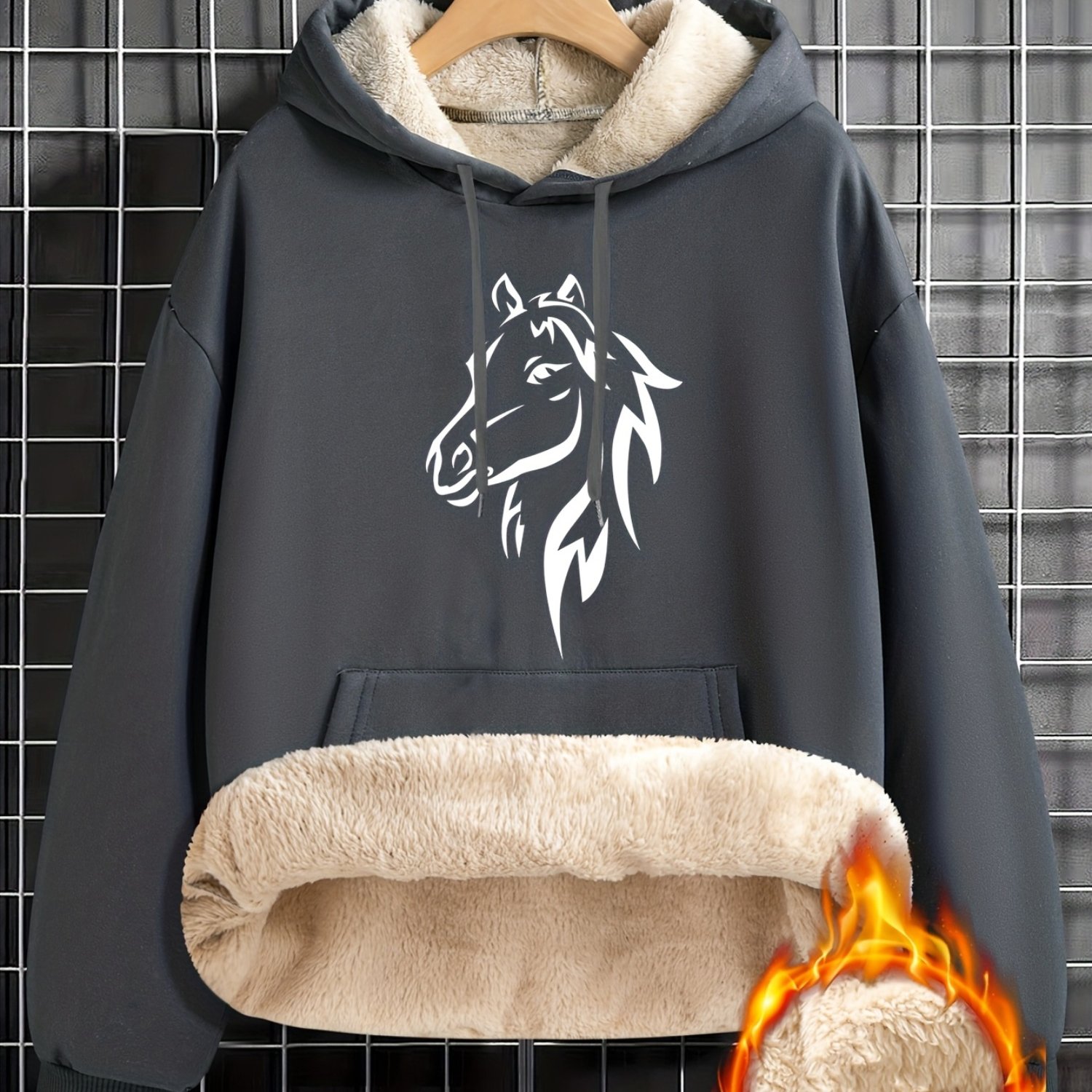 TEMU Sweat à capuche avec imprimé cheval, confortable et chaud, en faux tissu , avec longue fourrure et poches, idéal pour et l'hiver