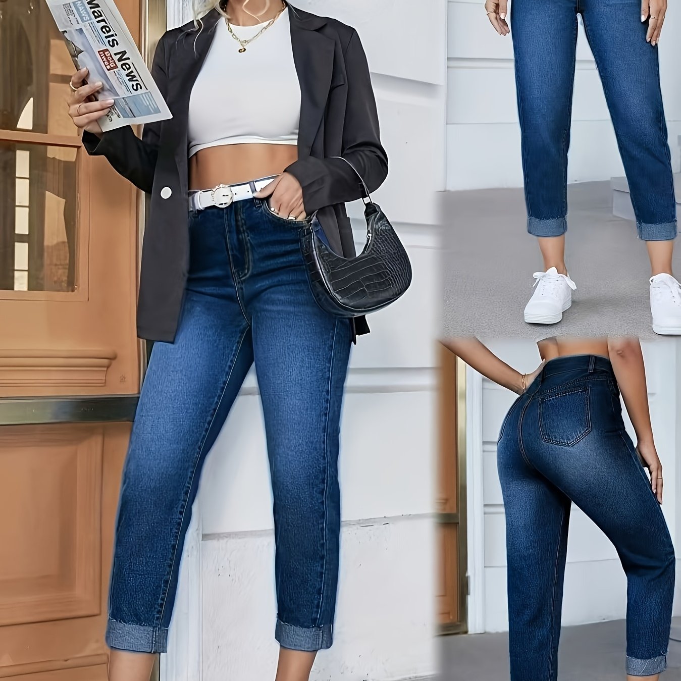 Image of Jeans For Women And Autumn, High Waisted 9-inch Straight Leg Pants, New Style With Blue Cuffs