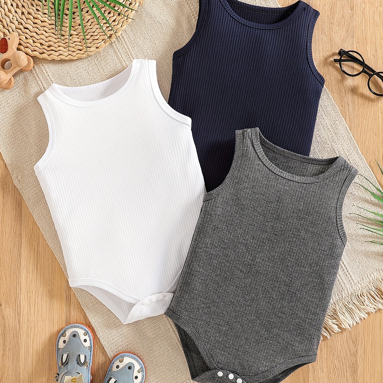 Baby Boy Triangle Bodysuit Three-piece Set In White, Gray, And Royal Blue - Cute And Versatile Baby Vest, Perfect For Outdoor