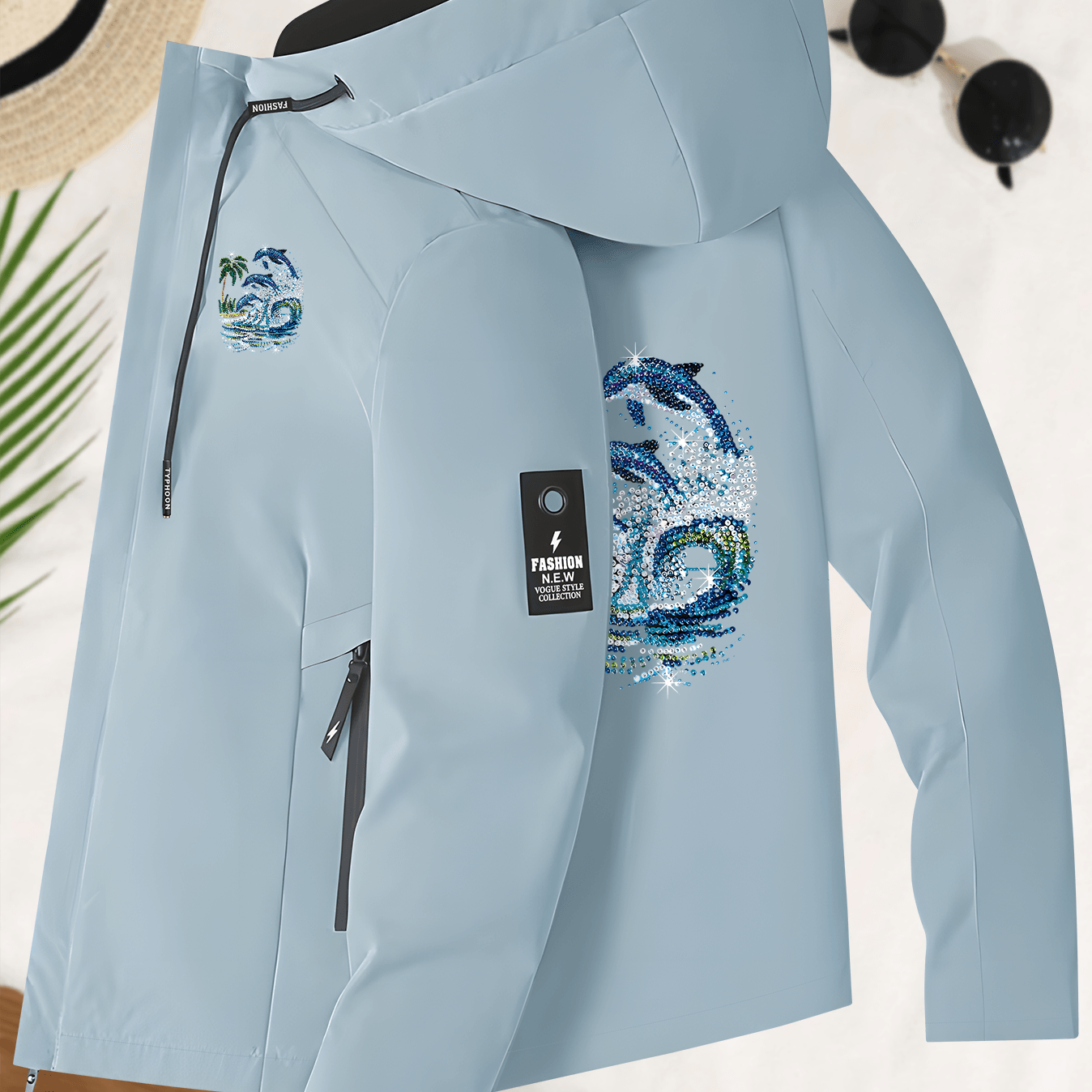 TEMU Shimmering Dolphin Print Women's Thin Fleece Jacket, Fresh Casual Top, Vacation Outfit