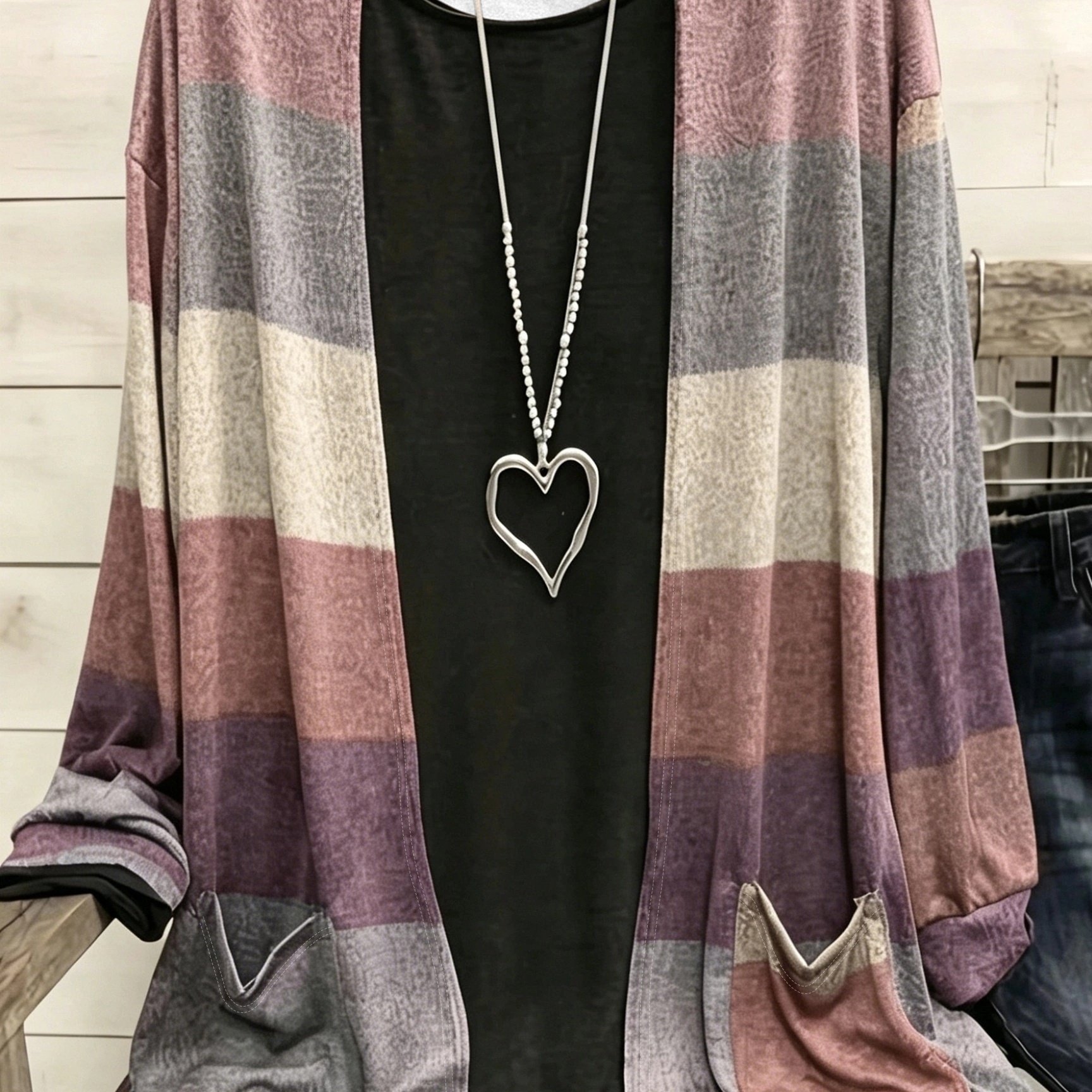 TEMU Cardigan grande taille pour femmes, décontracté, à rayures et blocs de couleurs, manches longues, avec poches