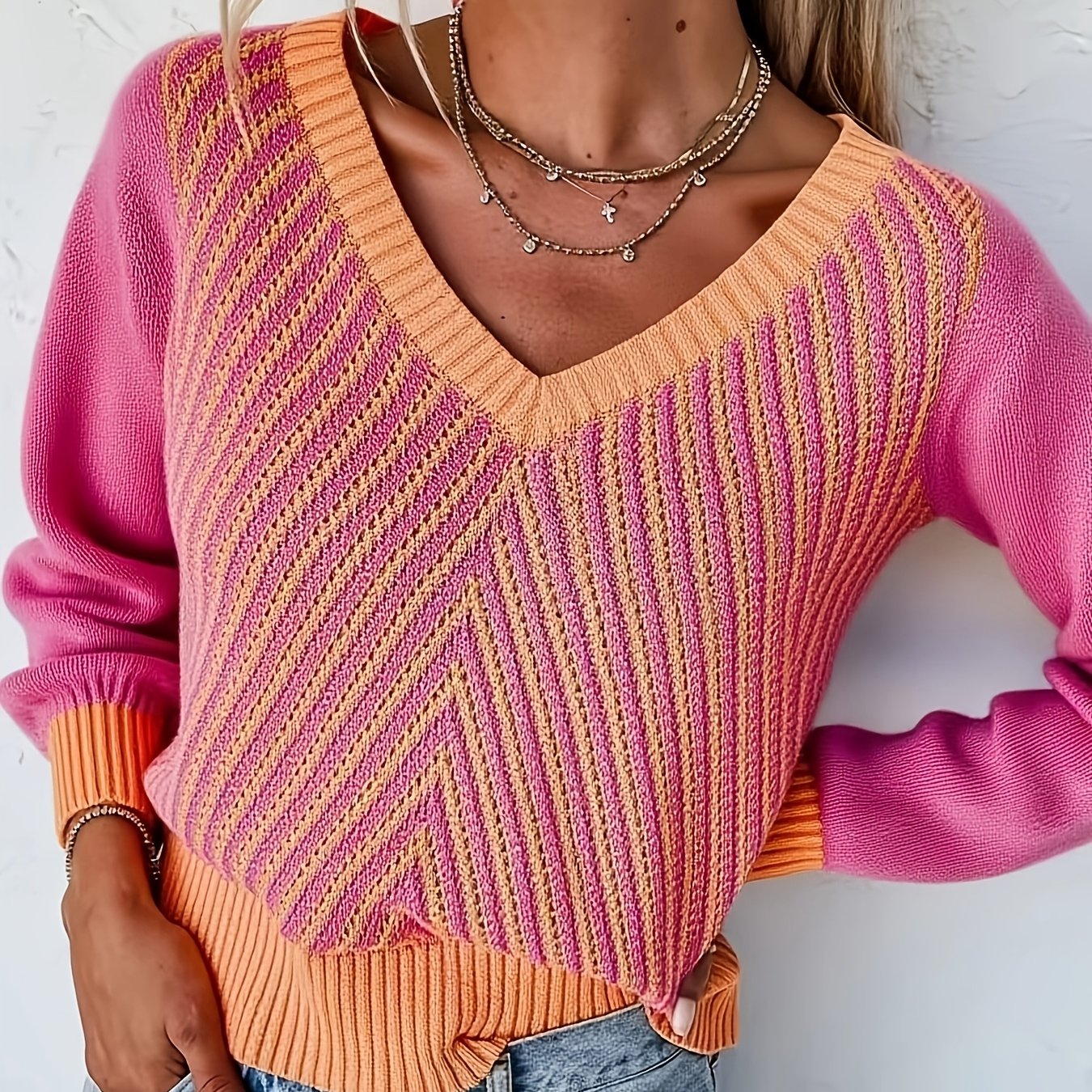 TEMU Qd260517095 Color-block Sweater Women's Casual All--neck Pullover Coat Long Sleeve Sweater