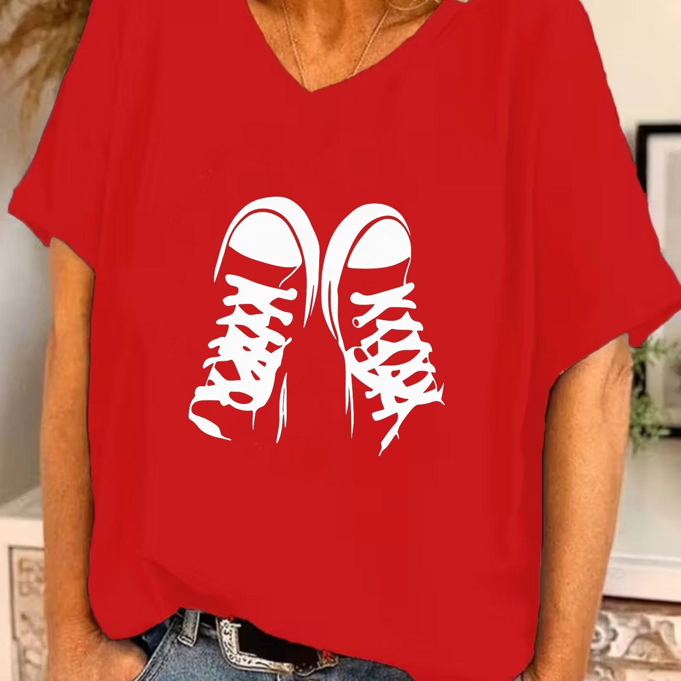 TEMU Plus Size - Plus Size - Plus Size Damen Schuhe Musterdruck Locker Kurzarm V-Ausschnitt T-Shirt, Fledermausärmel Design Freizeit Top, Eleganter