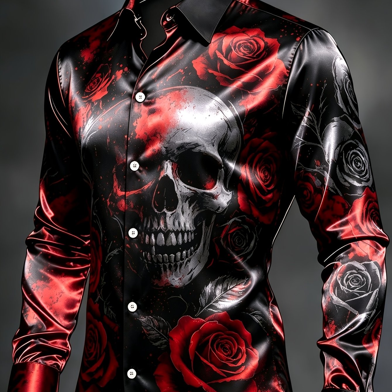 Image of Men's Black Shiny Skull Rose Print Long Sleeve Shirt Top