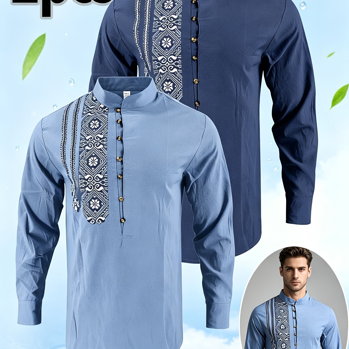 TEMU 2pcs Linen Shirt Set, 2026 Summer/ Shirt, Collar Long-sleeve Linen T-shirt, Casual Ethnic Print, For Casual , 2pcs Linen Shirt Set