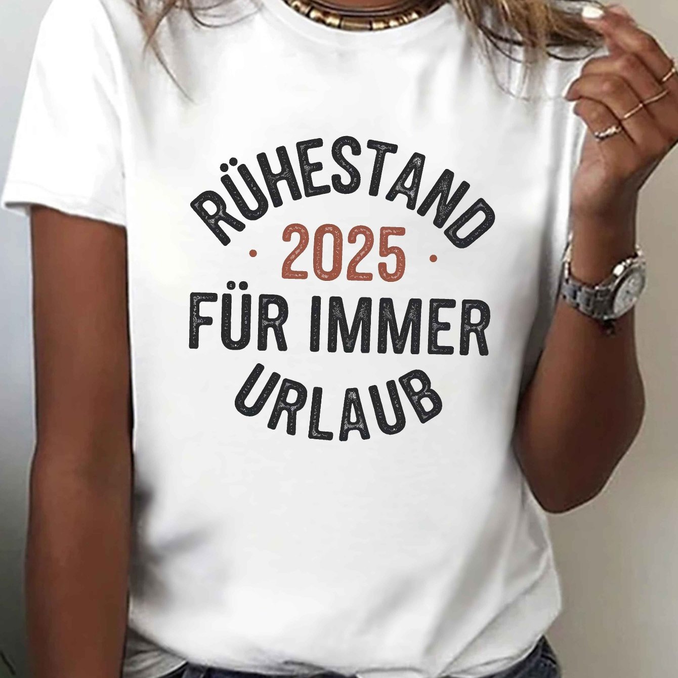 TEMU Retirement 2025 Print T-shirt, Short Sleeve Crew Neck Casual Top For Summer & Spring, Women's Clothing