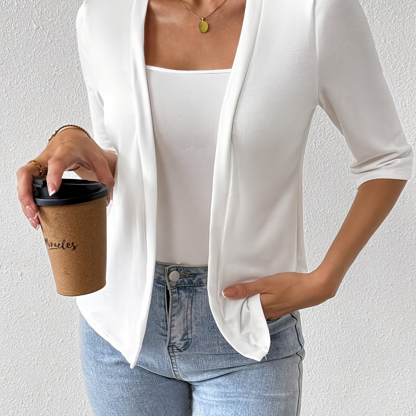 E-shop Damen Neue Lässige Einfarbige Regular Fit 3/4 Ärmel Jacke Cardigan, Modische Elegante Urlaubs-Werkverkehr Outdoor Alltagsjacke Cardigan Top,