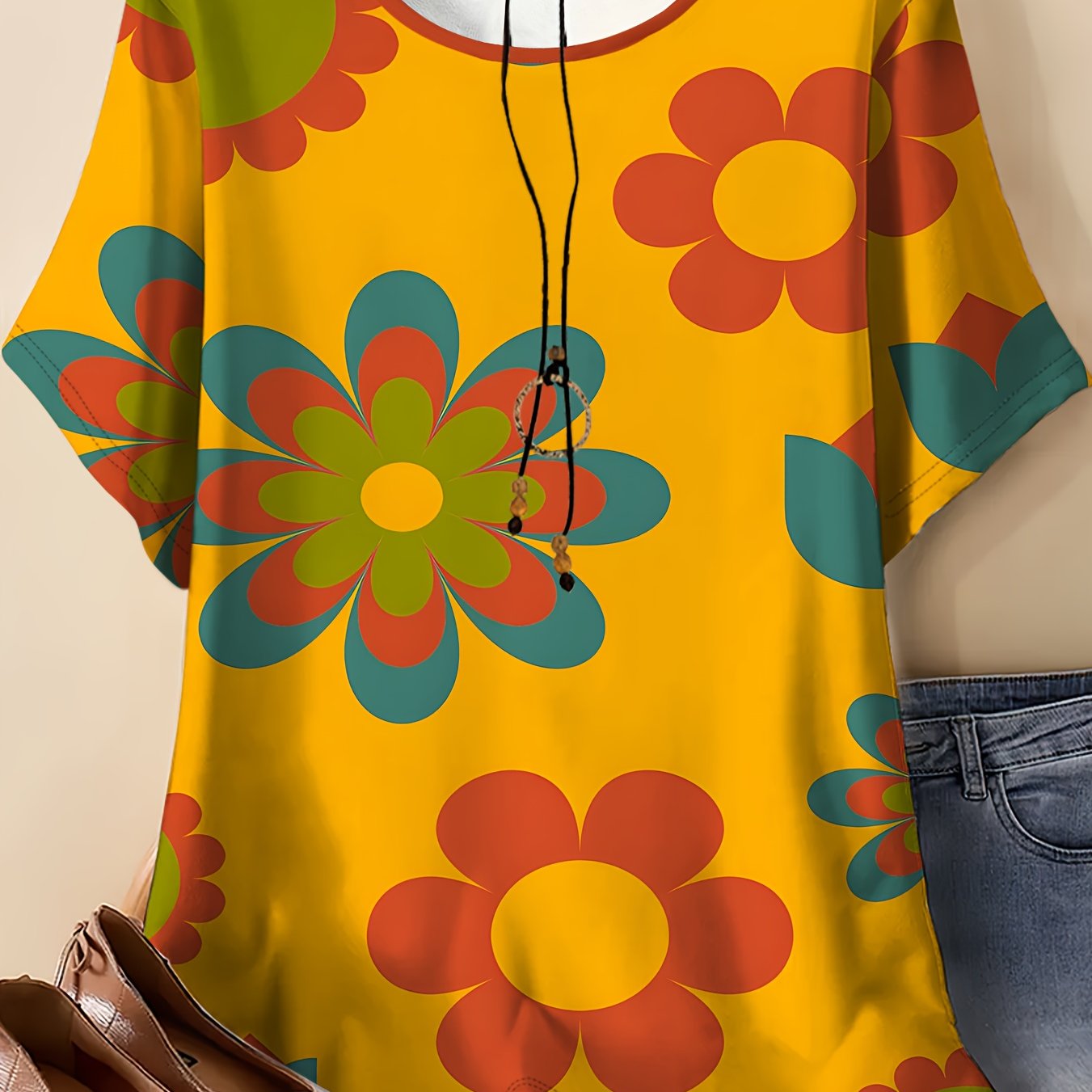 TEMU Women's Plus Size Loose-fit Round Neck Short-sleeve T-shirt With Large Floral Print. A , Featuring A Pop Art-style Geometric Floral Pattern: A