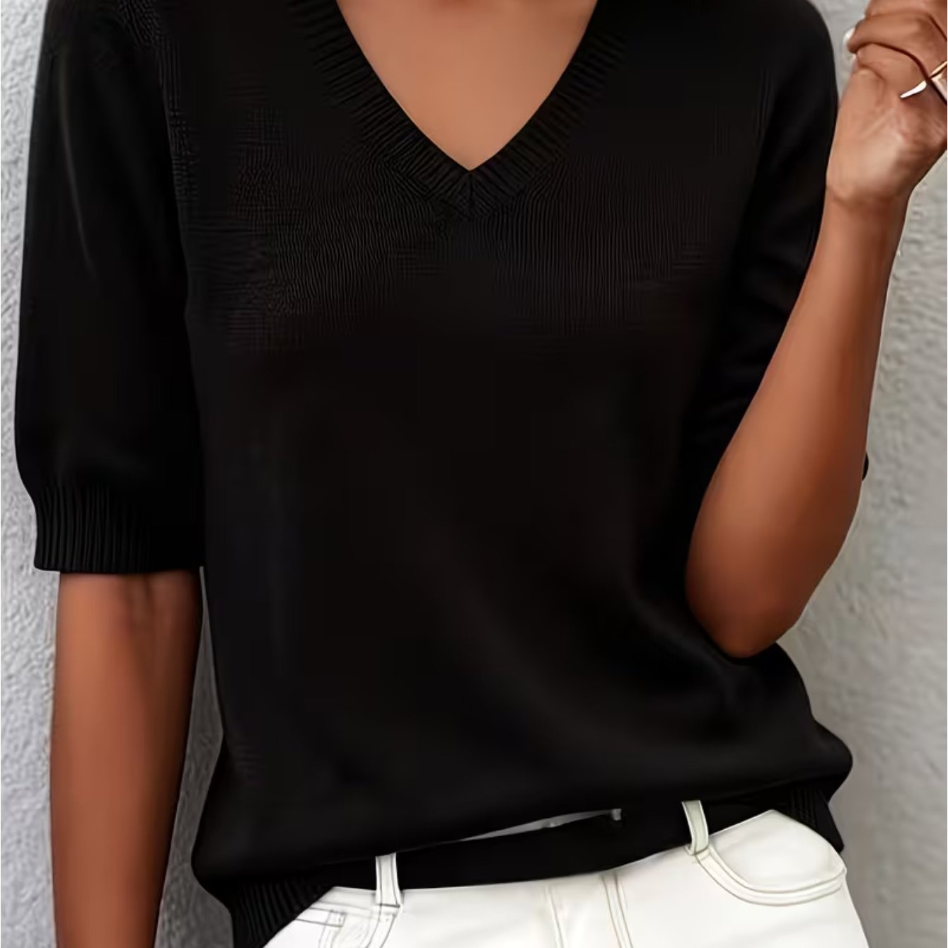 TEMU 1-pack Slim ' Summer Top, V-neck Short Sleeve Tee. Premium Fine Knitwear, Breathable Jumper Built For Office Wear & Commuting.