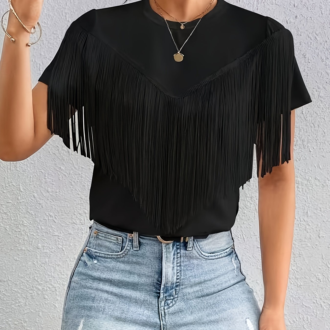 Women's Elegant Fringe Detail T-shirt - Lightweight 3-season Solid Color Top With Relaxed Fit, Machine Washable For Casual & Formal Wear, Versatile Fashion, Sophisticated Style, Fabric