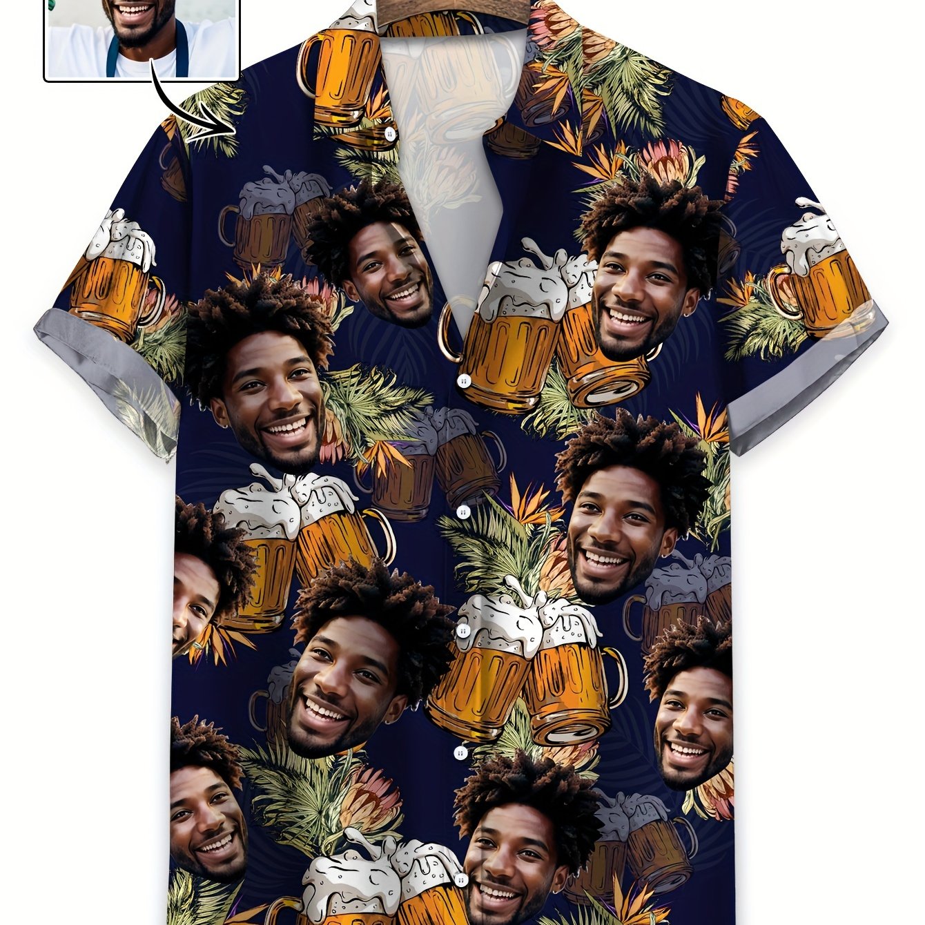 TEMU Custom Portrait/, Men's Beer Pattern Print Short Sleeve Lapel Shirt Top, Casual Button-up Shirt, Suitable For Summer Daily Wear And Vacation