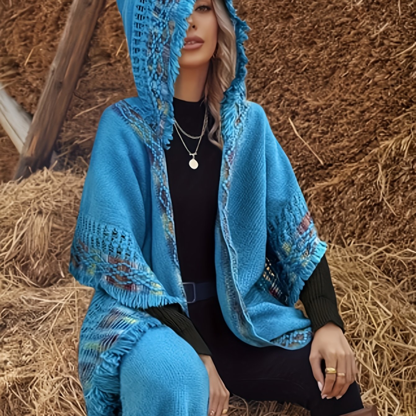 Elegant Bohemian Fringe Cape - Women's Comfortable Hooded Shawl, High-elasticity Blend, Perfect For Autumn And Winter