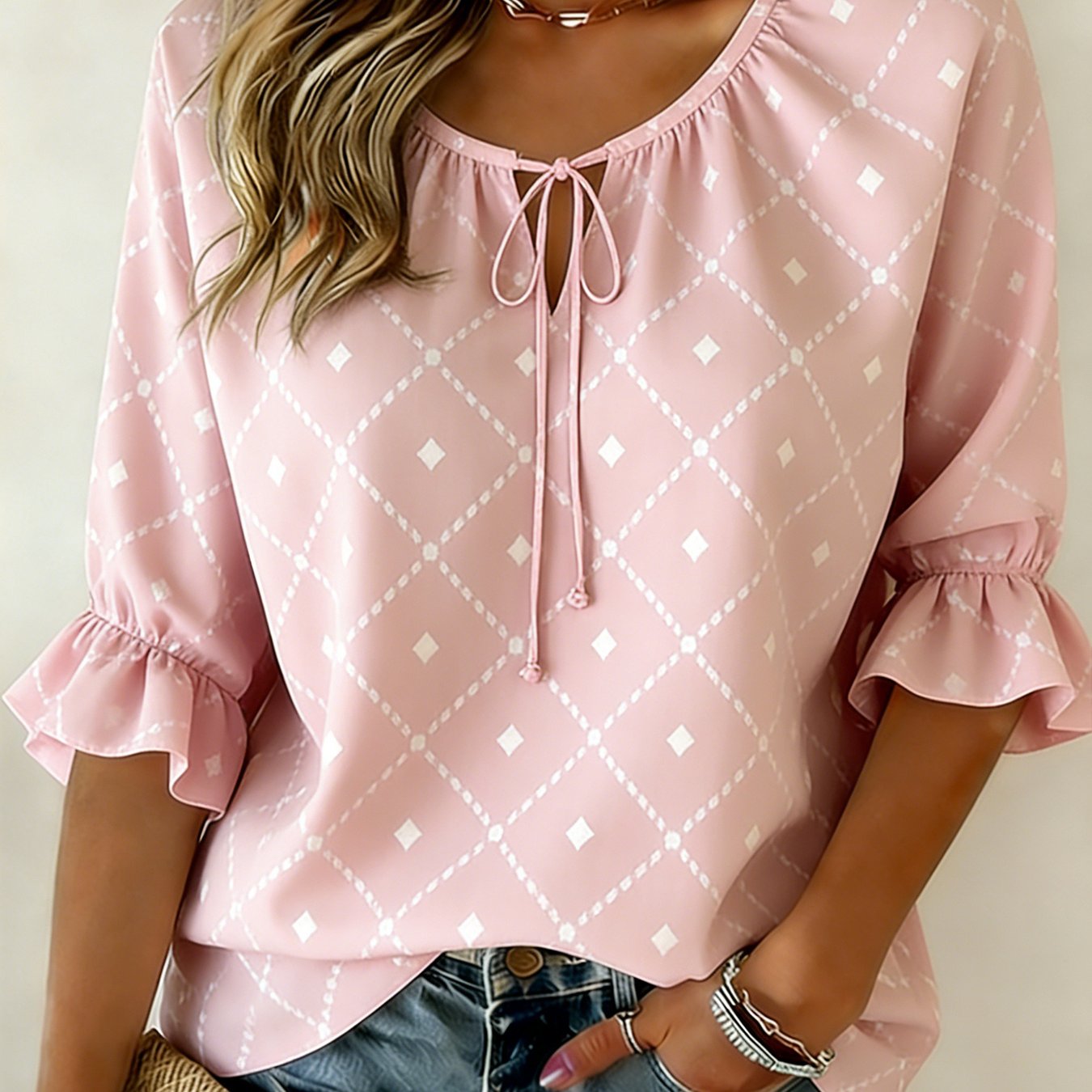 Plus Size - Women's Geometric Pattern Loose Fit Three-quarter Sleeve Ruffle Hem Shirt