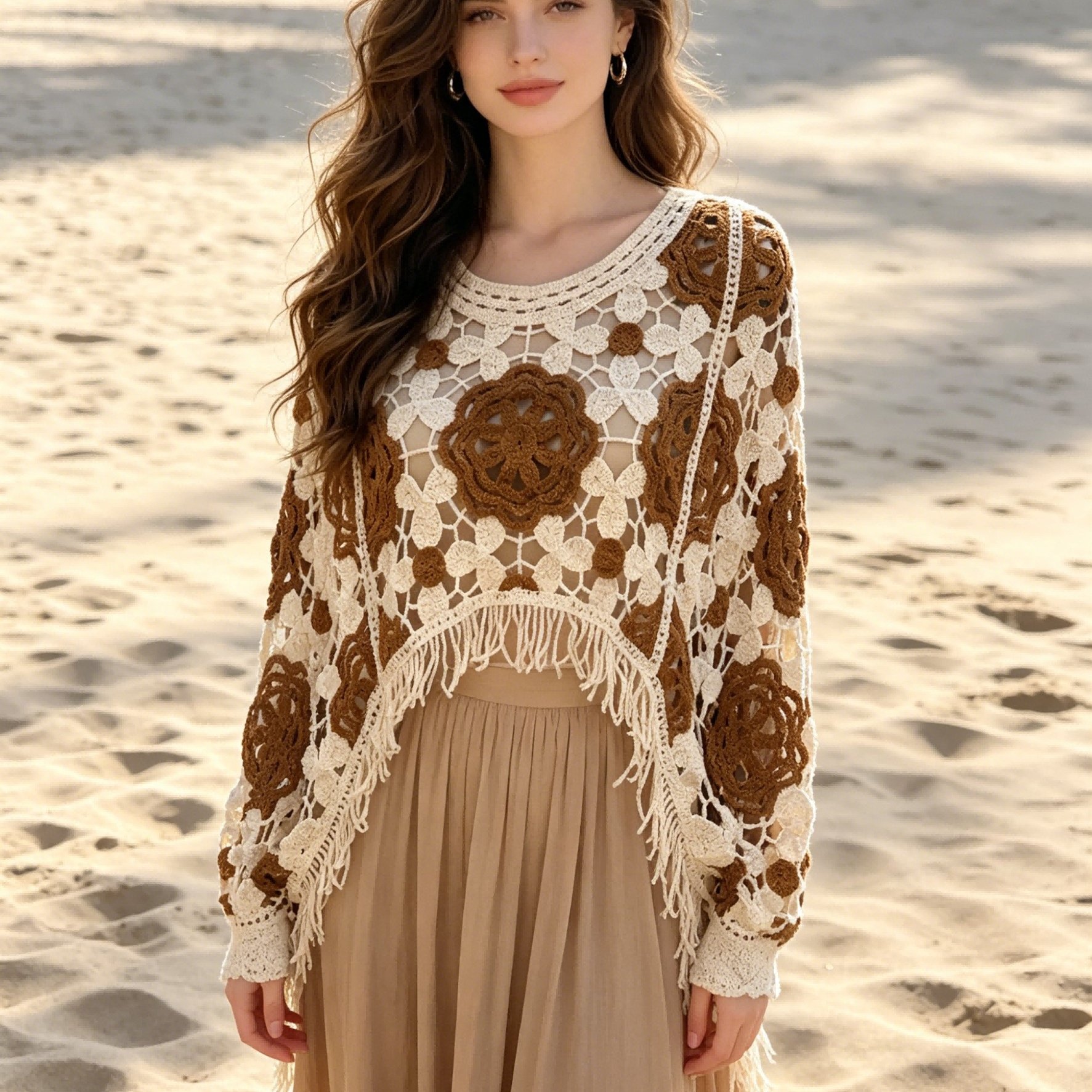TEMU Summer Bohemian Style Crochet Top Women's New Hollow Out Tassel Batwing Sleeve Loose Lazy Style Vintage French Outerwear Cover-up