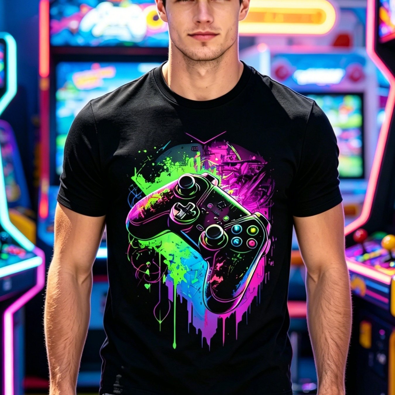 TEMU Men's Neon Game Controller Print T-shirt, Summer With Contrast Color Short Sleeve Top, Esports Trendy