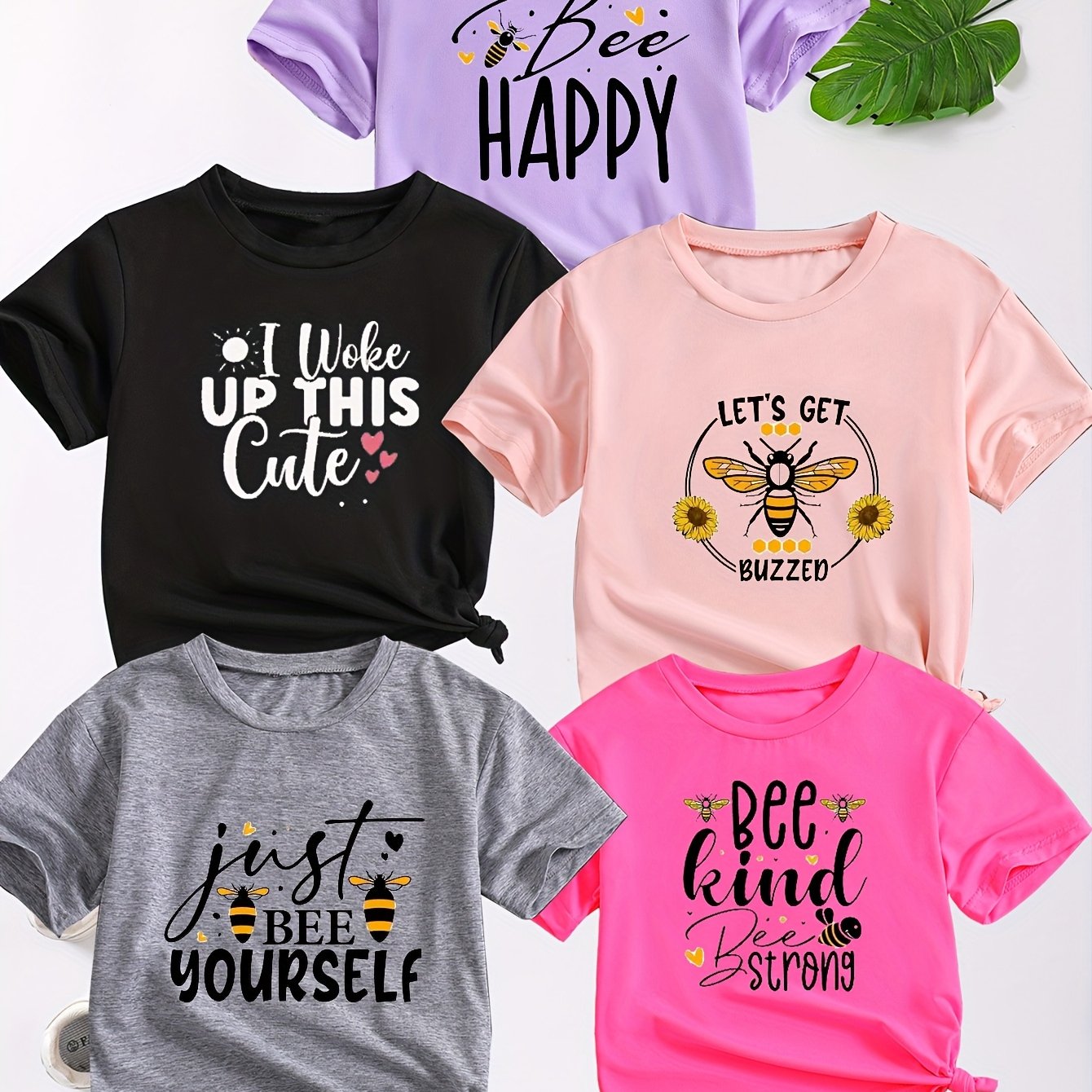 E-shop 5-teiliges Set Mädchen Sommer Kurzarm T-Shirts – Weiche Rundhals-Lockerfit-Blusen mit Schriftzug (Ohne Kleidung) | Lässige Spielkleidung für