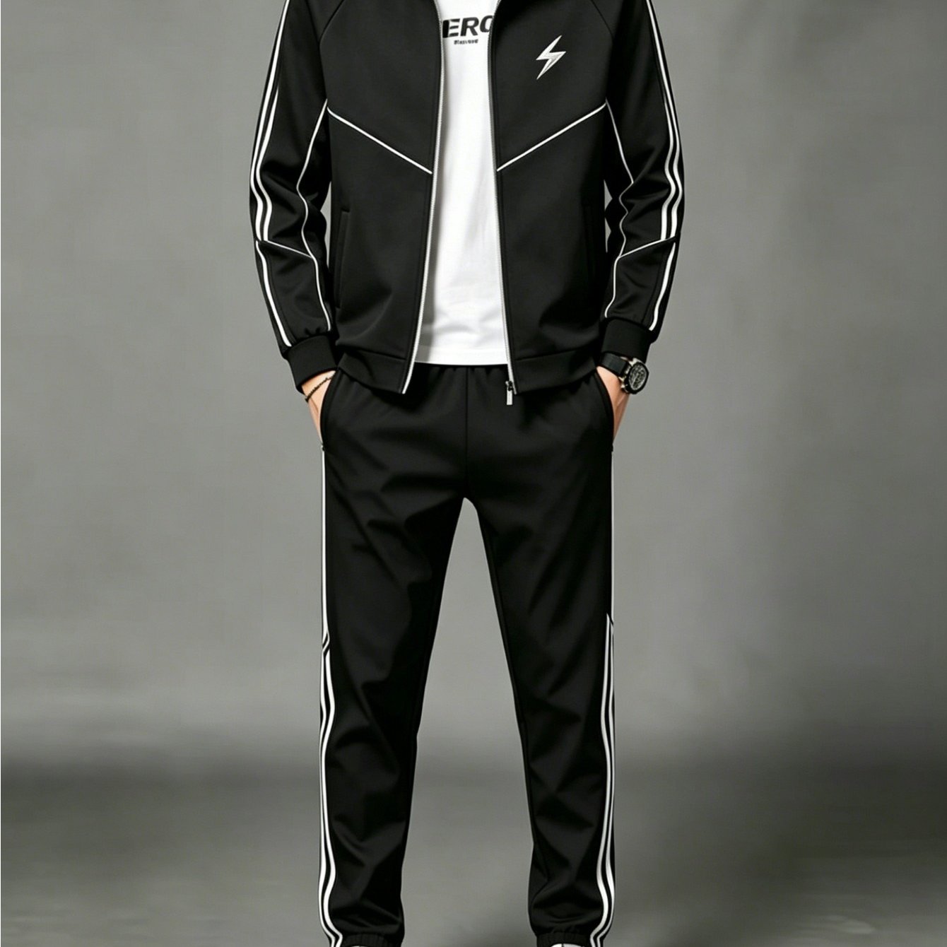 Image of Men's Stand Collar Cardigan Sports Set, Casual 2pcs Outfit With White Side Stripes And Lightning Print, Polyester Fabric