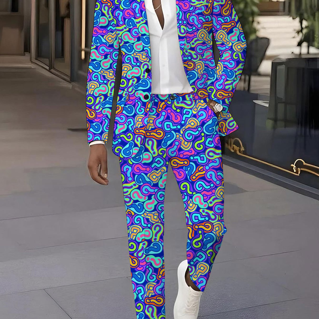 TEMU Men's Suit Set With , Featuring A Colorful Pattern Background For Christmas. This Classic Outfit Is Perfect For Banquets, Weddings, Parties, And