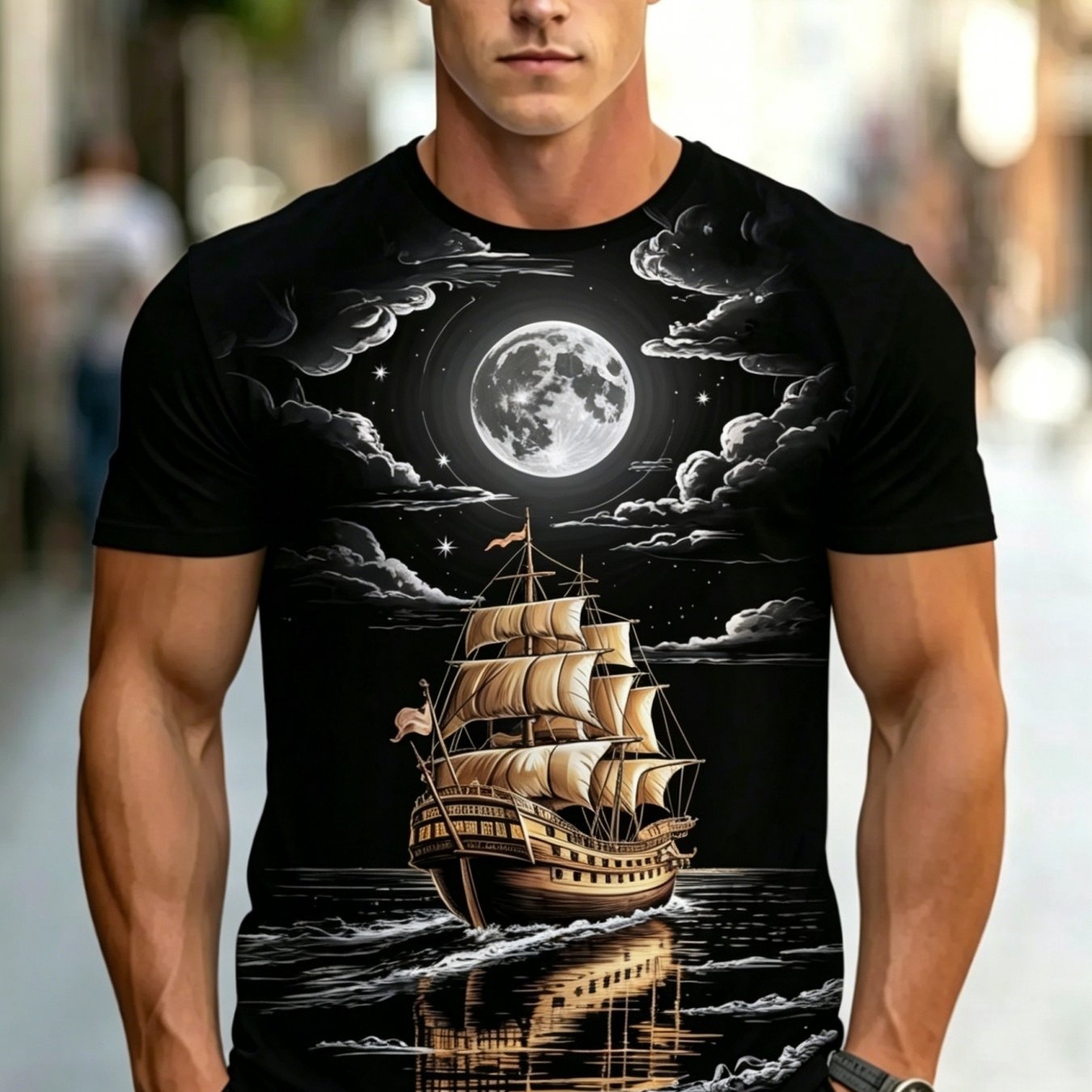 TEMU Men's Outdoor Breathable Round Neck Short Sleeve Summer Top, With Stunning Pirate Ship And Moon Design, Summer Casual Wear, Gift Idea, Stretch