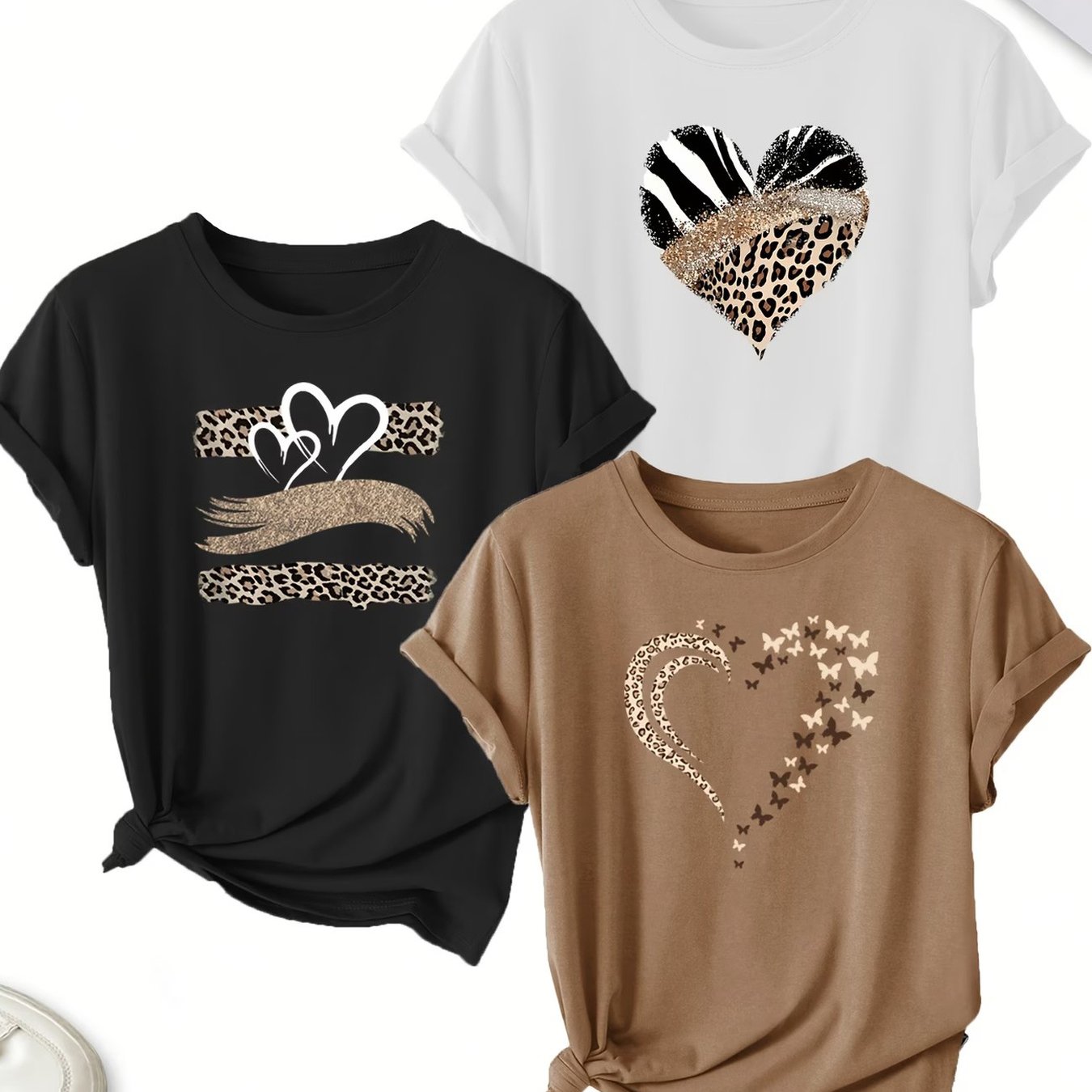 TEMU Plus Size - 3pcs Set, Women's Leopard Print Heart Pattern Short Sleeve, Fashionable Trendy Casual Round Neck T-shirt, Easy Loose Versatile Top,