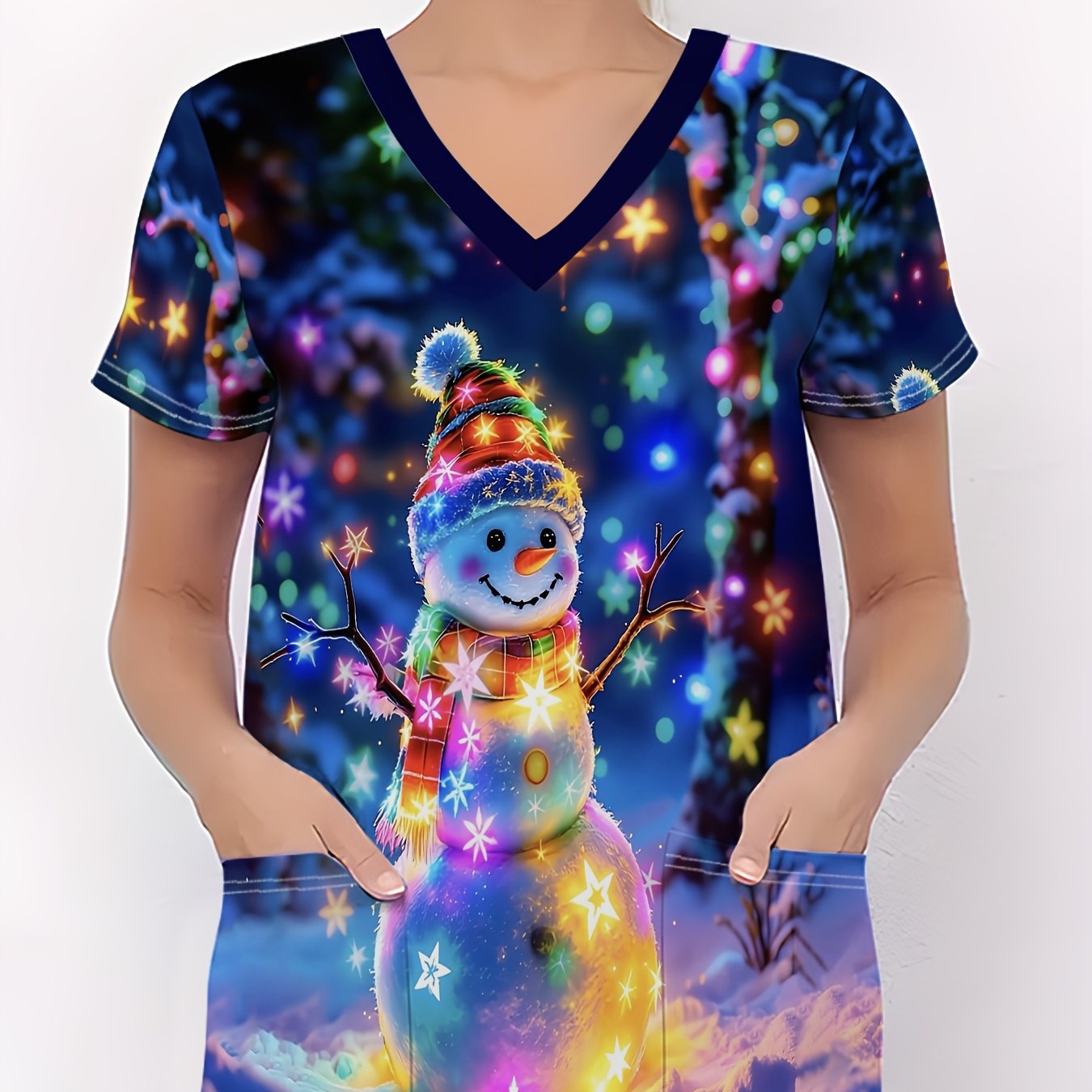 TEMU Christmas Standard Size Women's Nurse Uniform, Luminous Snowman Christmas Decoration Printed T-shirt, Soft And Stretchy, V-neck T-shirt With