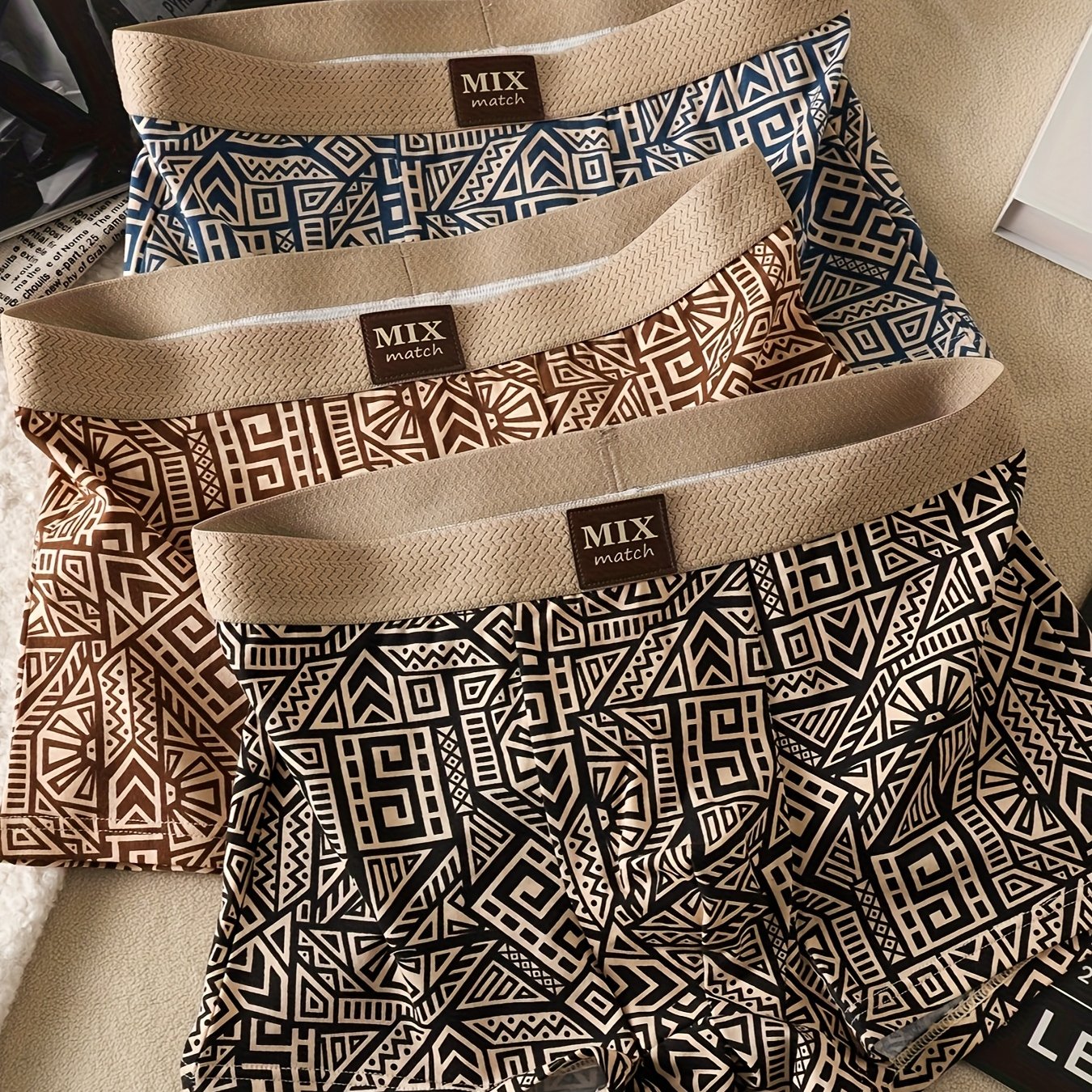 Image of 5pcs Men's Boxer Briefs, Letter And Geometric Print, Fashion Mid-rise Underwear, Loose Fit Cotton Men's Underpants - Stylish Trend Print Mid-rise Men's Boxer Briefs