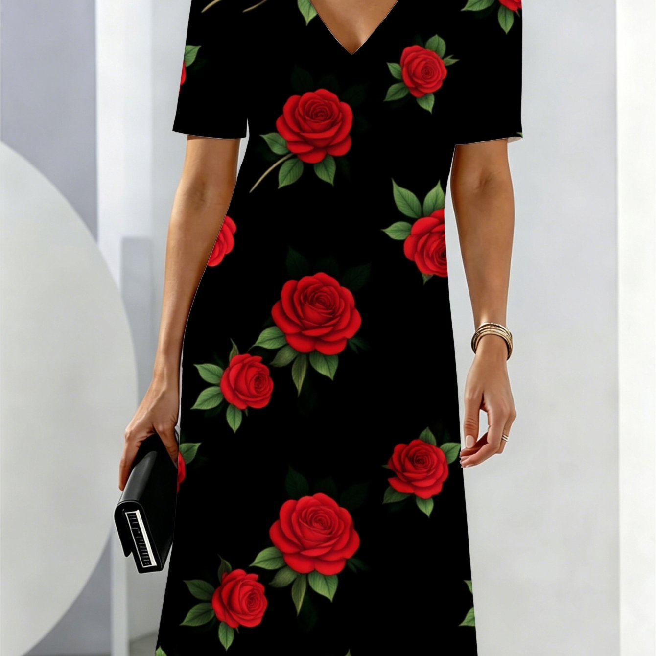Women's Summer Dresses Red Roses Background Breathable And Comfortable Summer Wear Elegant Style Cool And Breathable Friendly