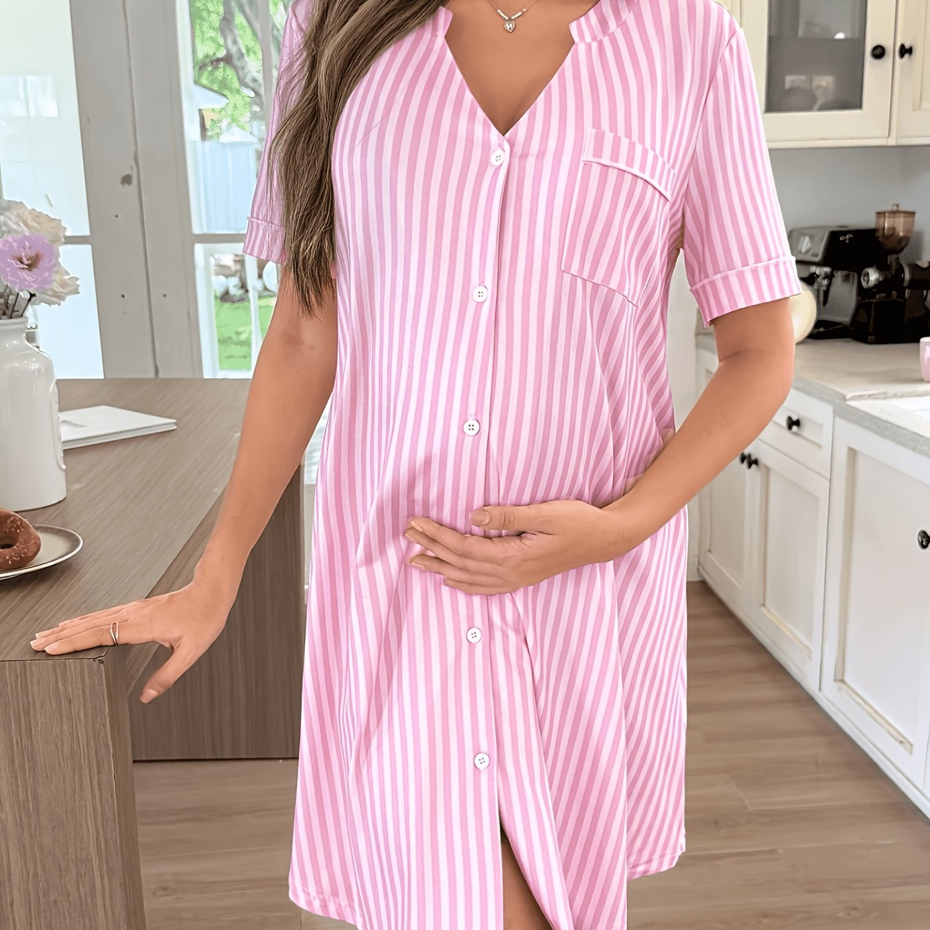 TEMU Maternity Striped Print V-neck Button Pocket Comfortable Nightgown