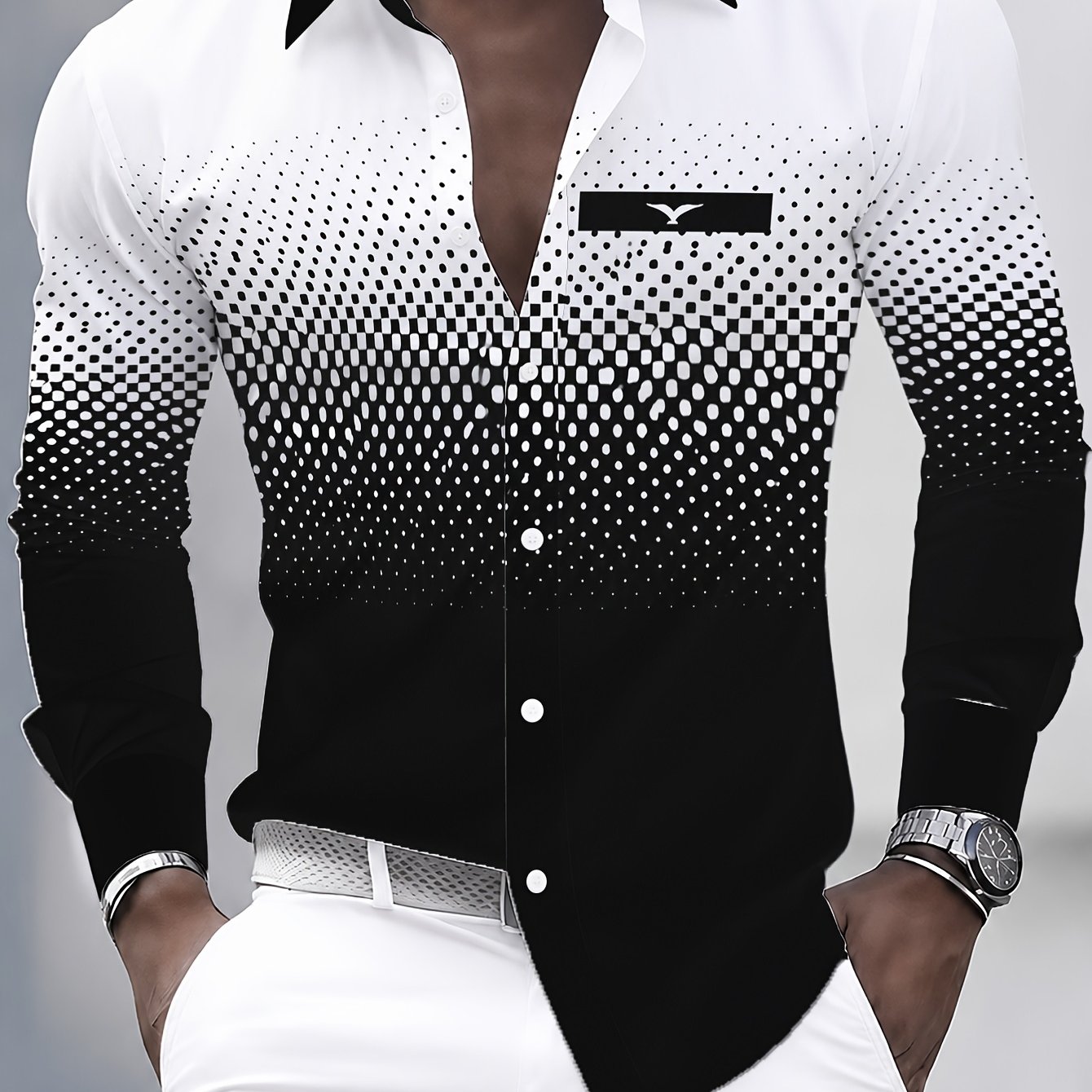 TEMU Men's Long-sleeve Shirt With Fashionable Polka Dot Gradient Print, Casual Business Slim Fit Lapel Shirt, Trendy Black And White Contrast ,