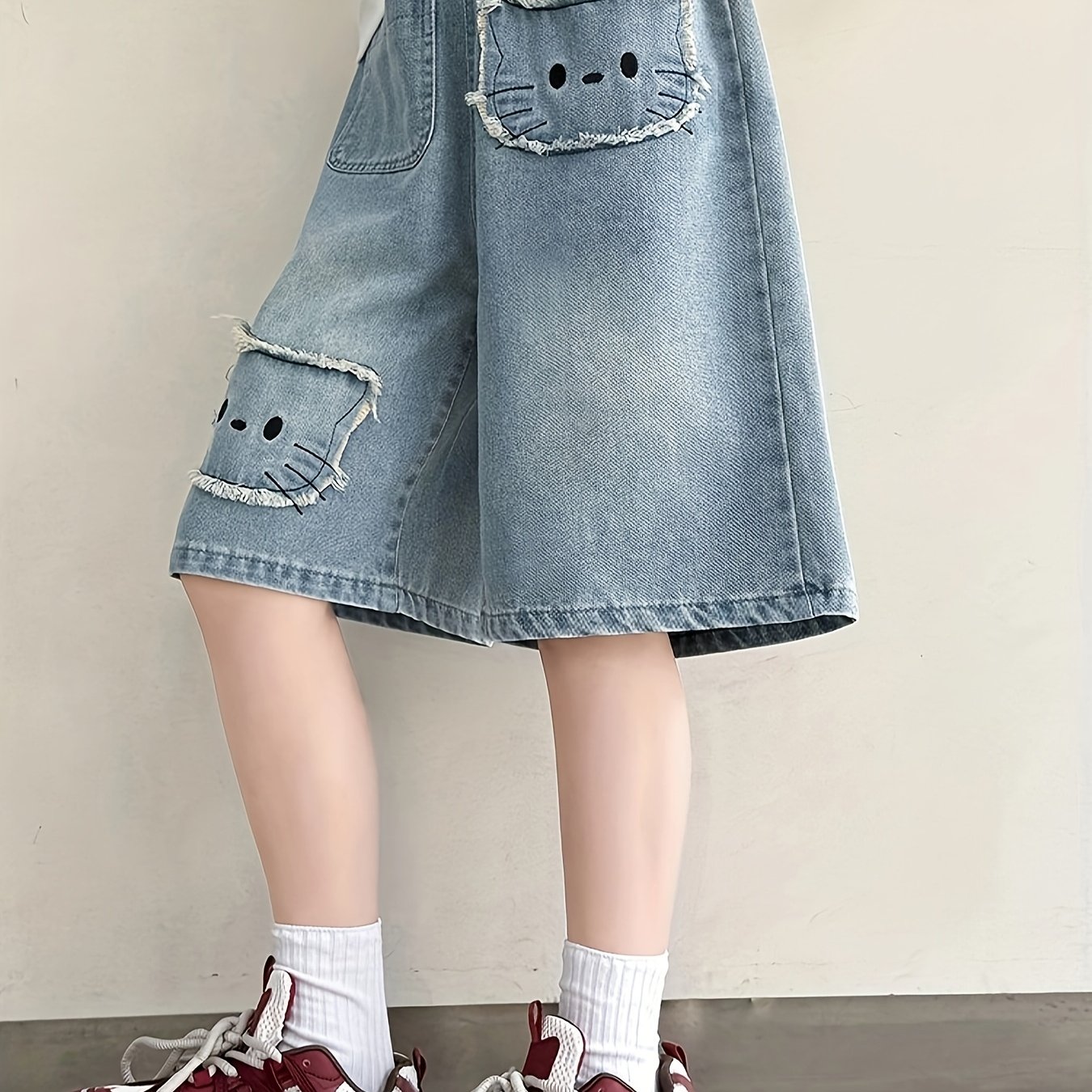 Image of Cute Cartoon Embroidery Fashion Girls Campus Summer Casual Loose Outdoor Sports Cowboy Pants Female Students Trend Outing Riding Straight Jean Shorts