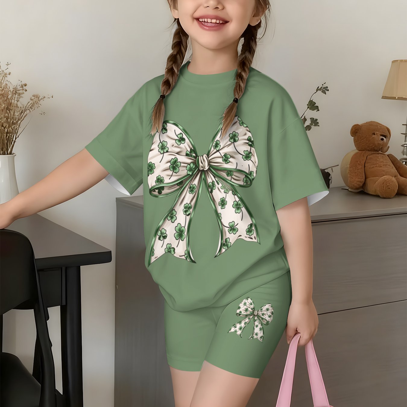 Image of Girls' Stylish Shorts Set Featuring Clover Bow Print, Perfect For Summer Outdoor Casual Wear, For Outdoor